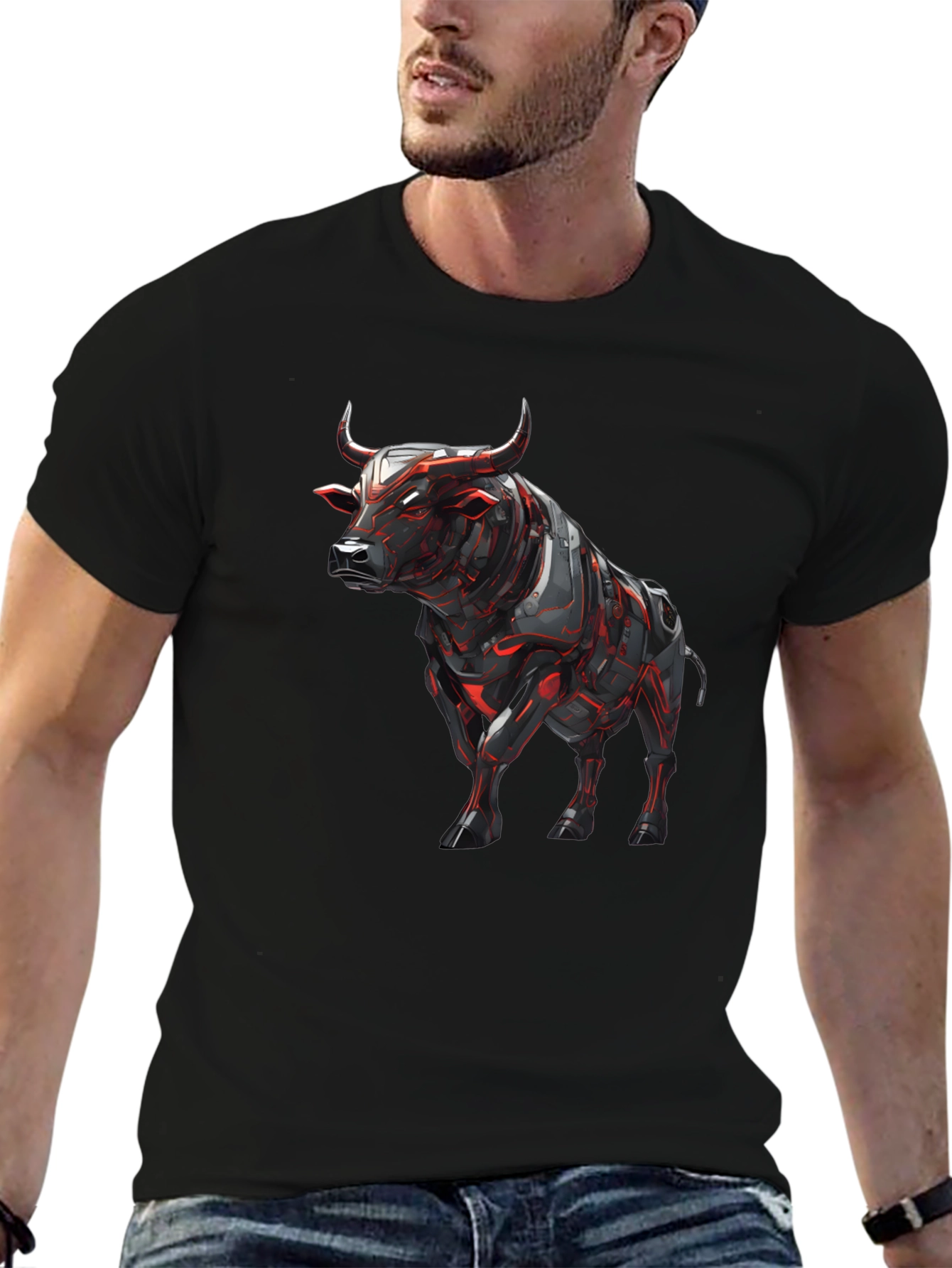 Cyber Bull Graphic Tee - Black Cotton T-Shirt