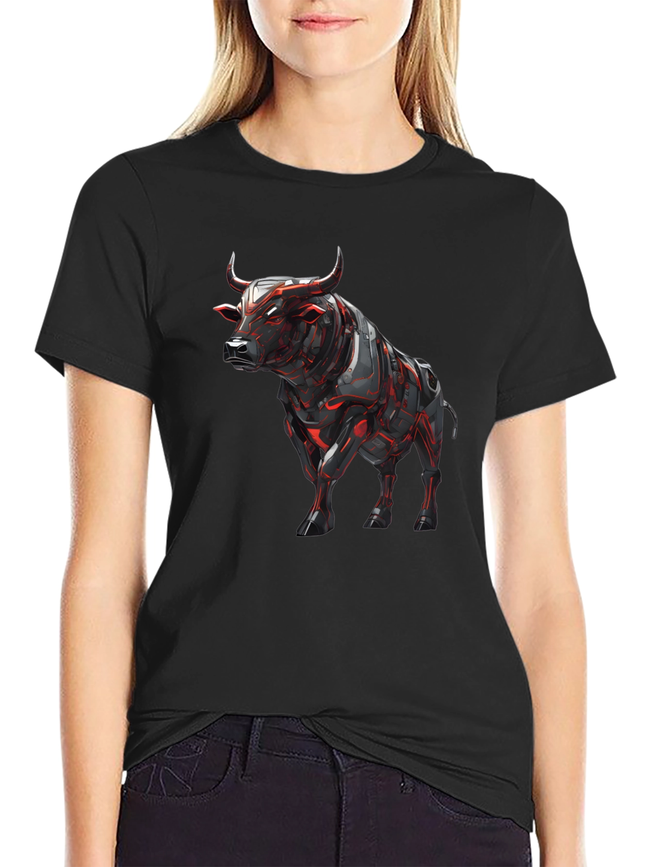 Cyber Bull Graphic Tee - Black Cotton T-Shirt