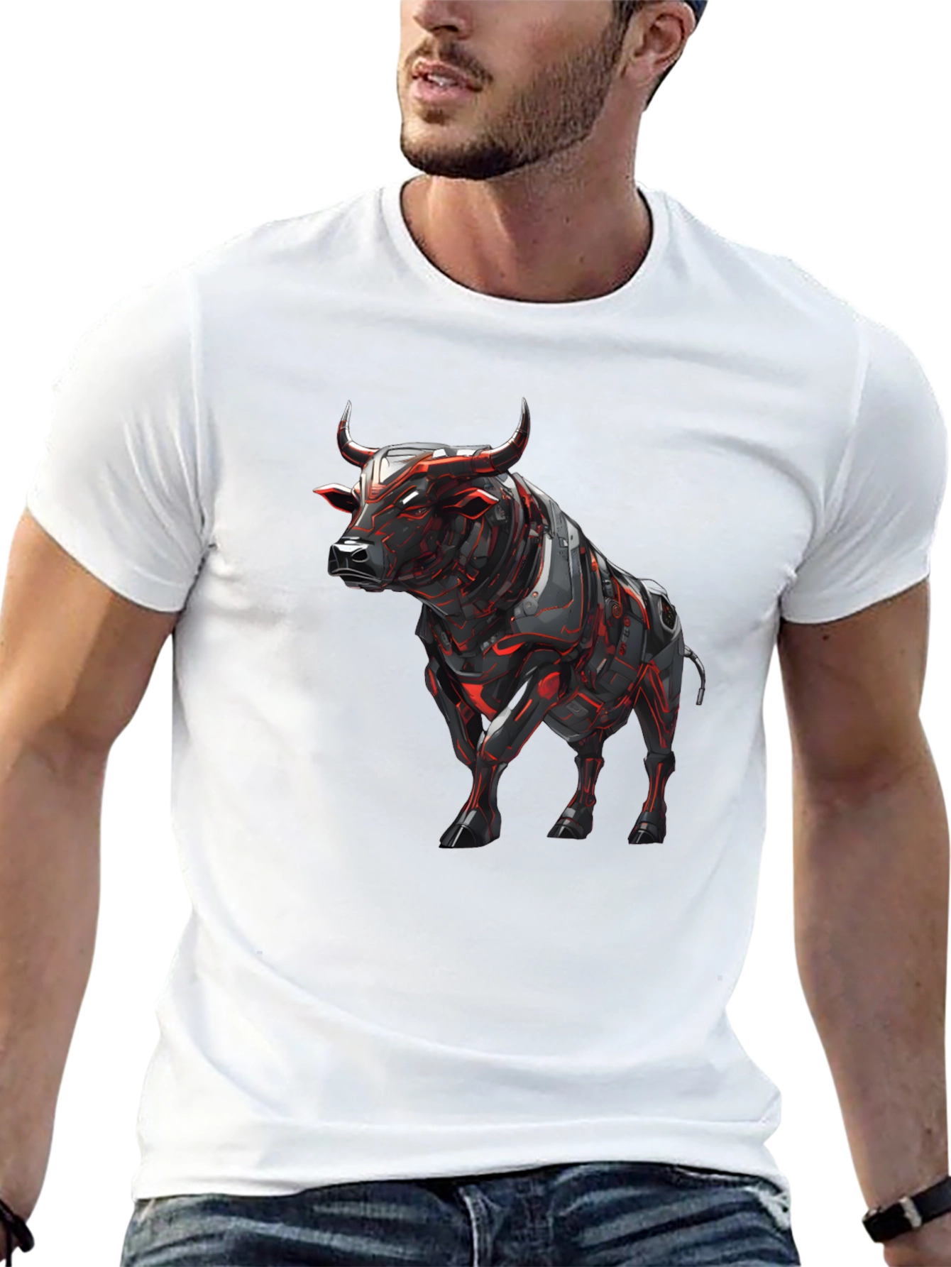 Cyber Bull Graphic Tee - Black Cotton T-Shirt