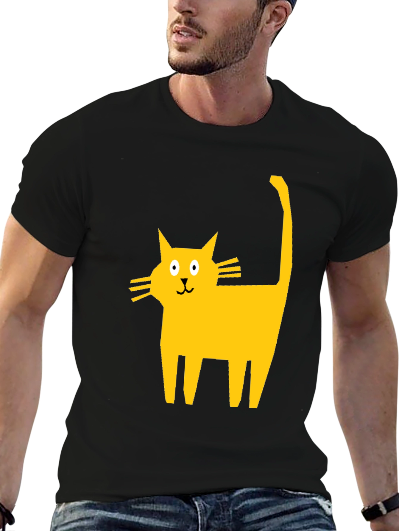 Cartoon Cat Graphic T-Shirt - Casual Black Tee