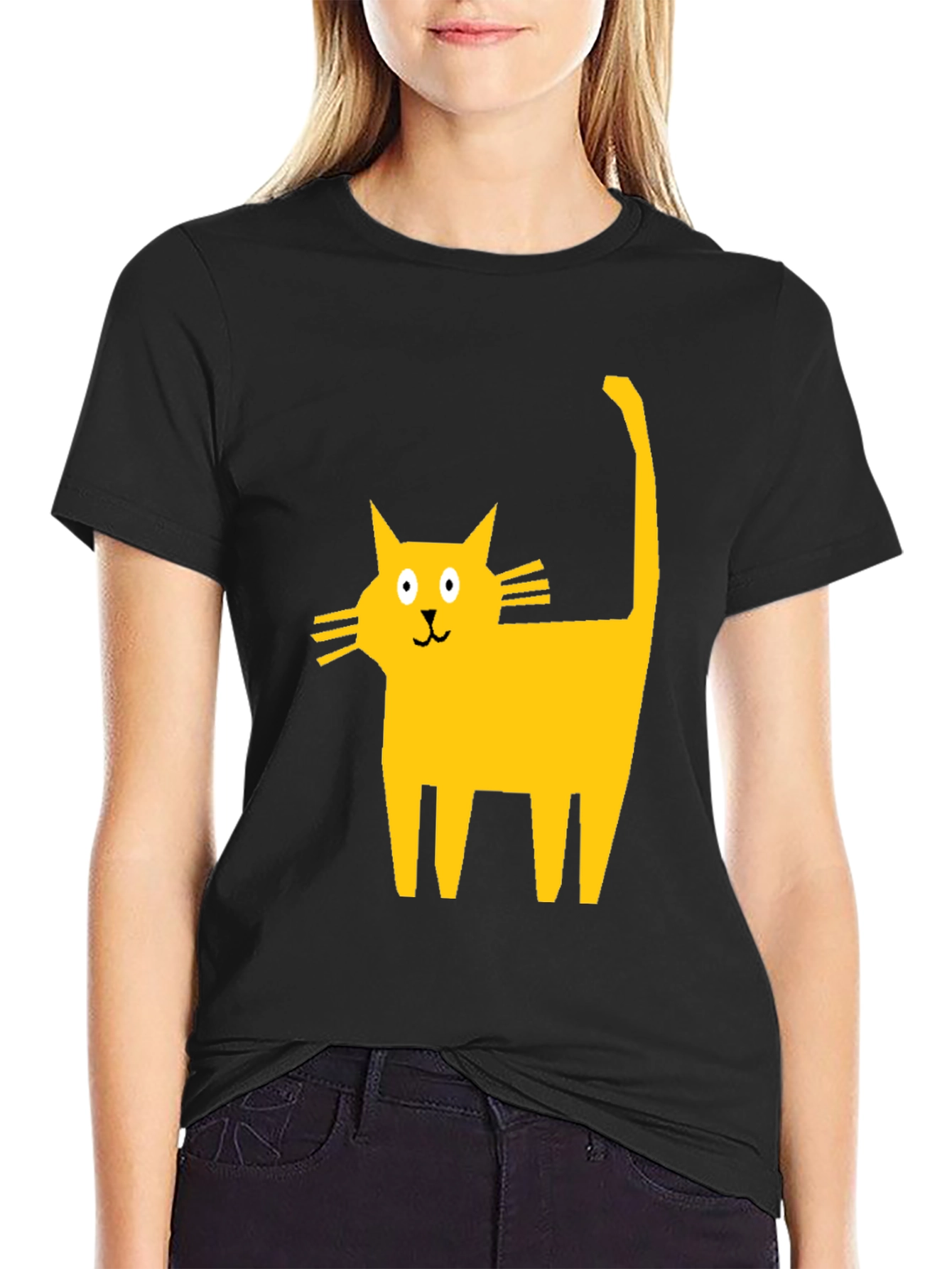 Cartoon Cat Graphic T-Shirt - Casual Black Tee
