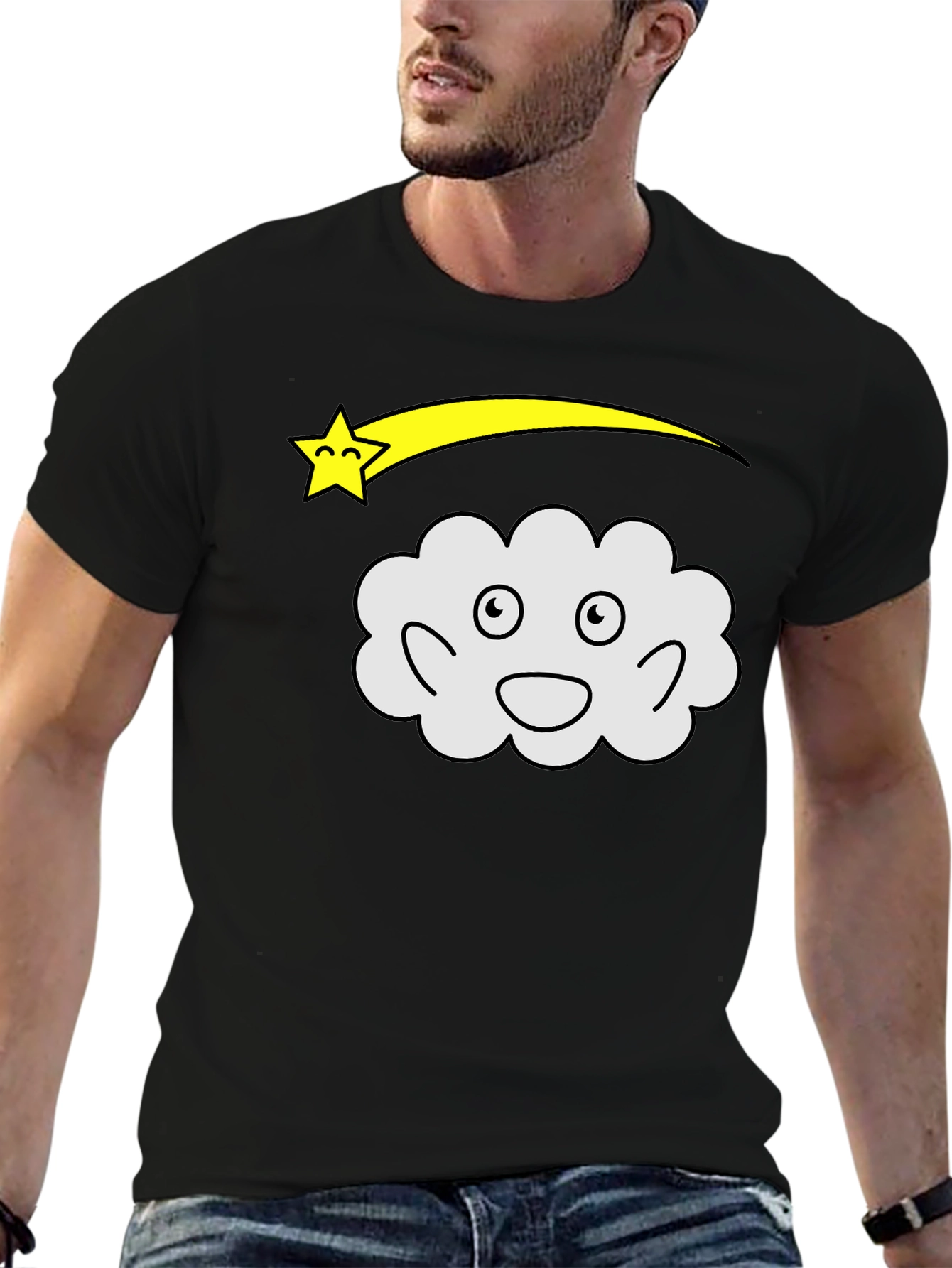 Cartoon Cloud & Shooting Star Black T-Shirt
