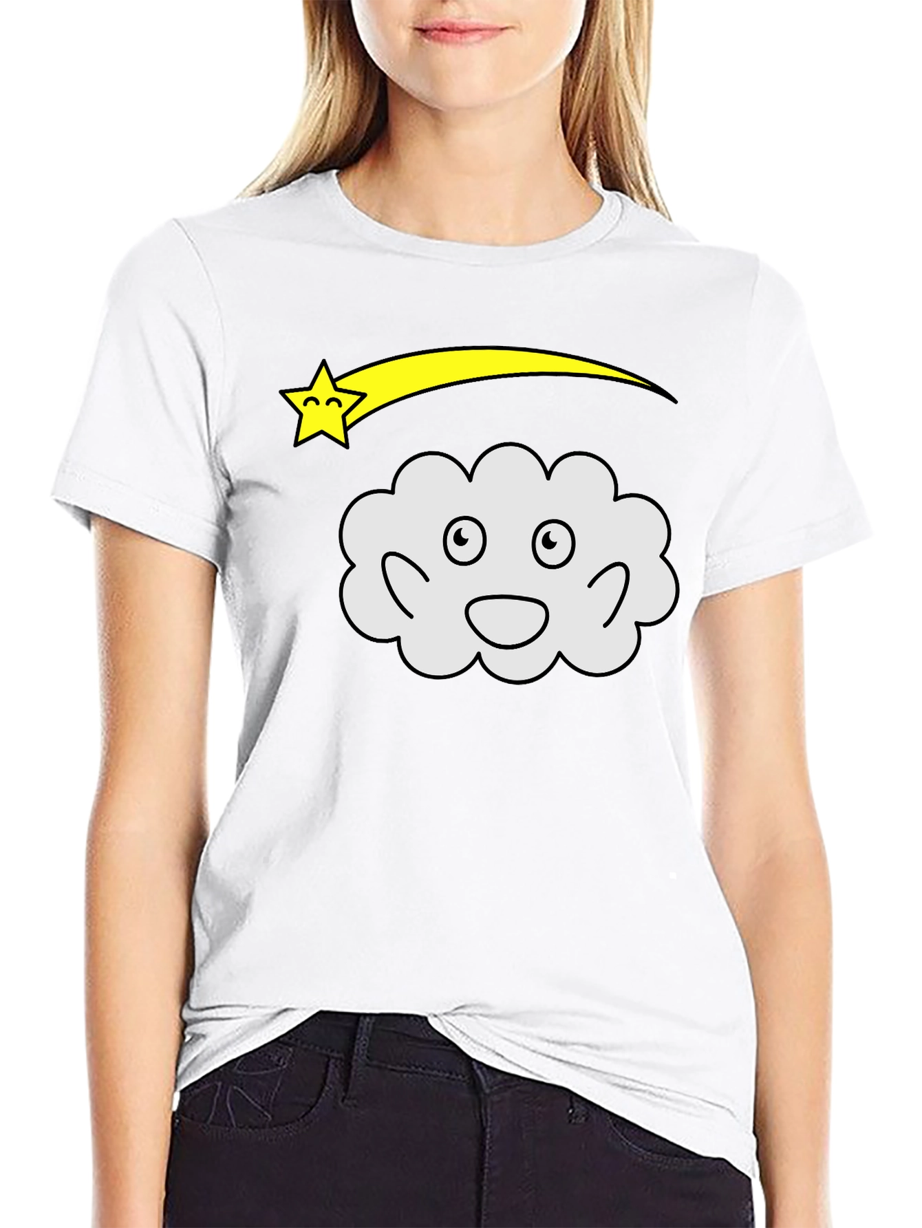 Cartoon Cloud & Shooting Star Black T-Shirt