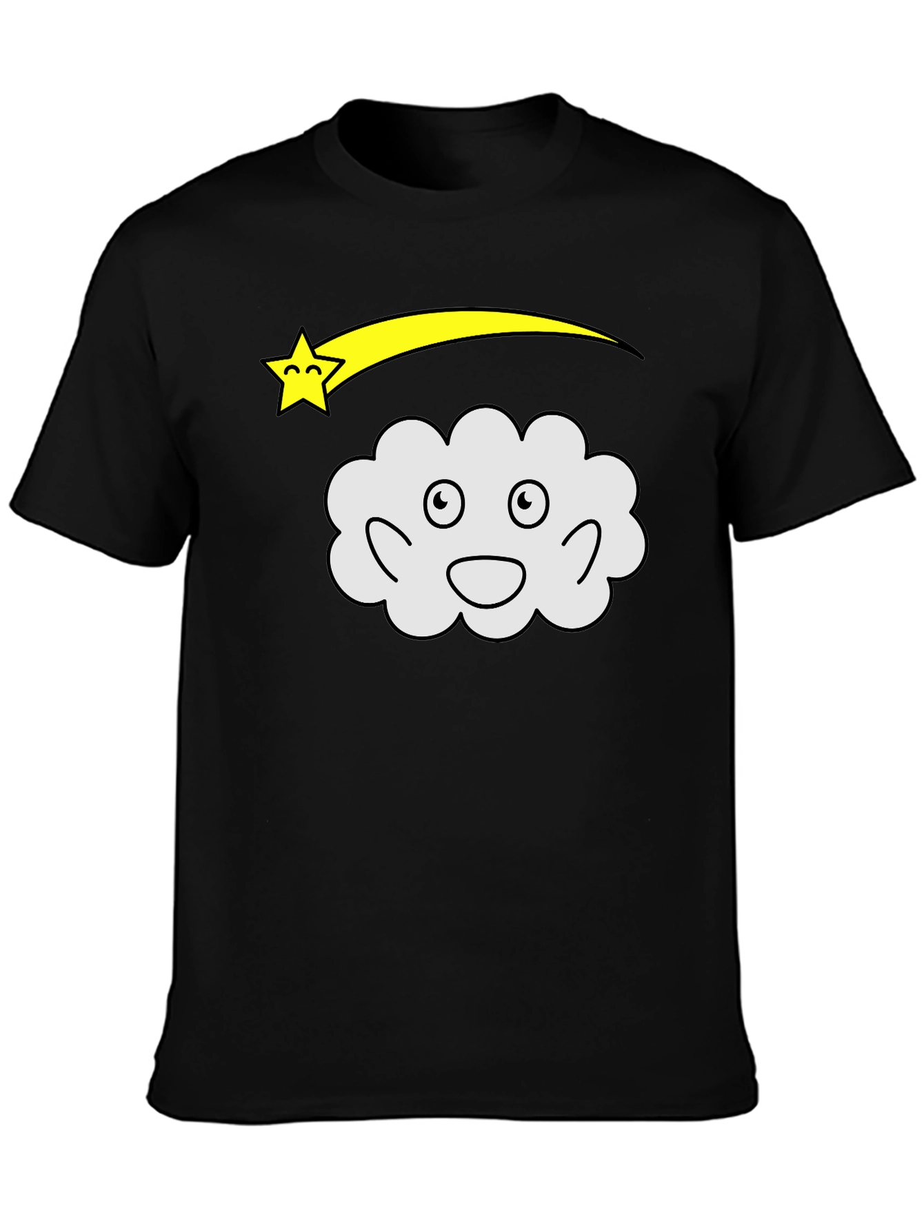 Cartoon Cloud & Shooting Star Black T-Shirt