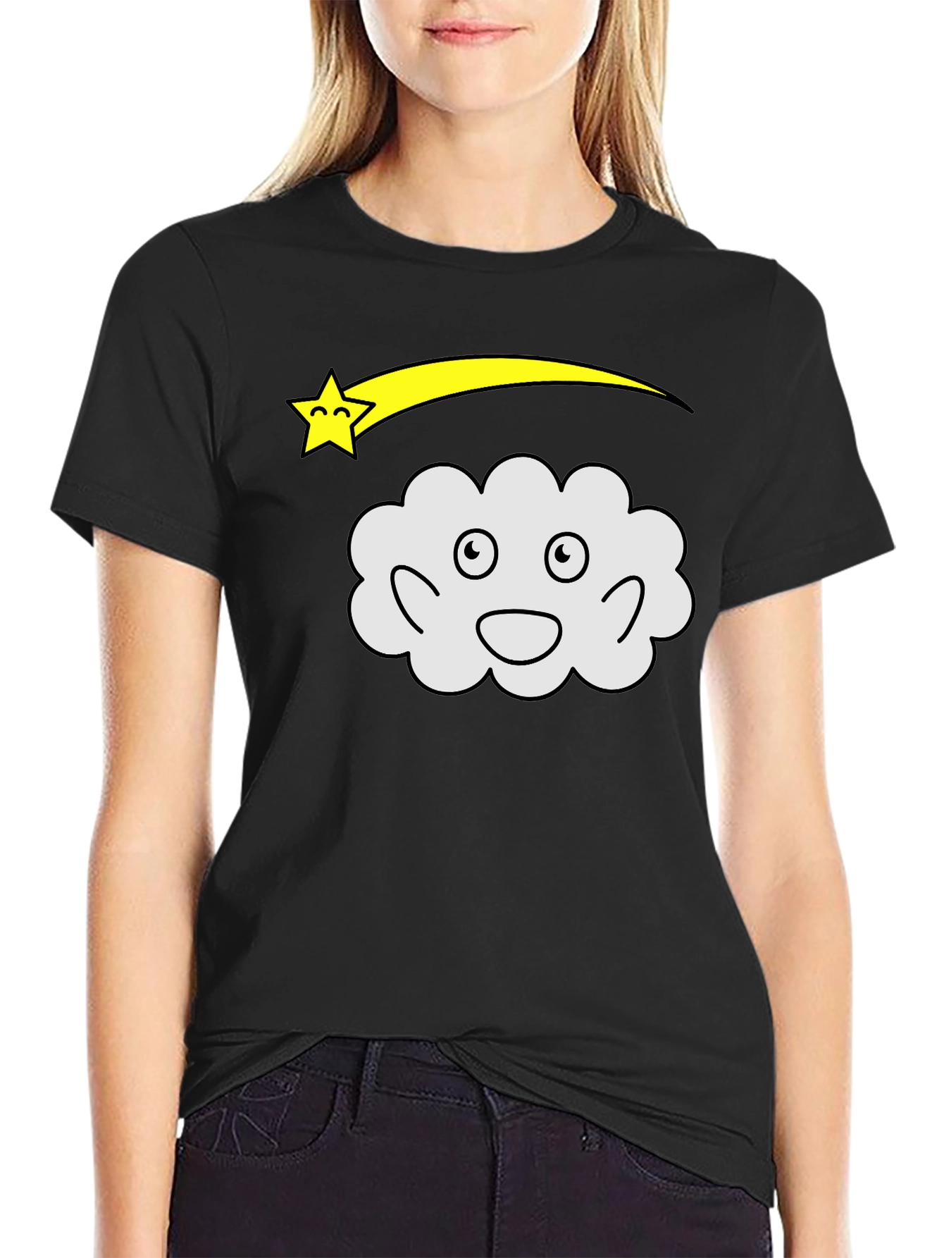 Cartoon Cloud & Shooting Star Black T-Shirt