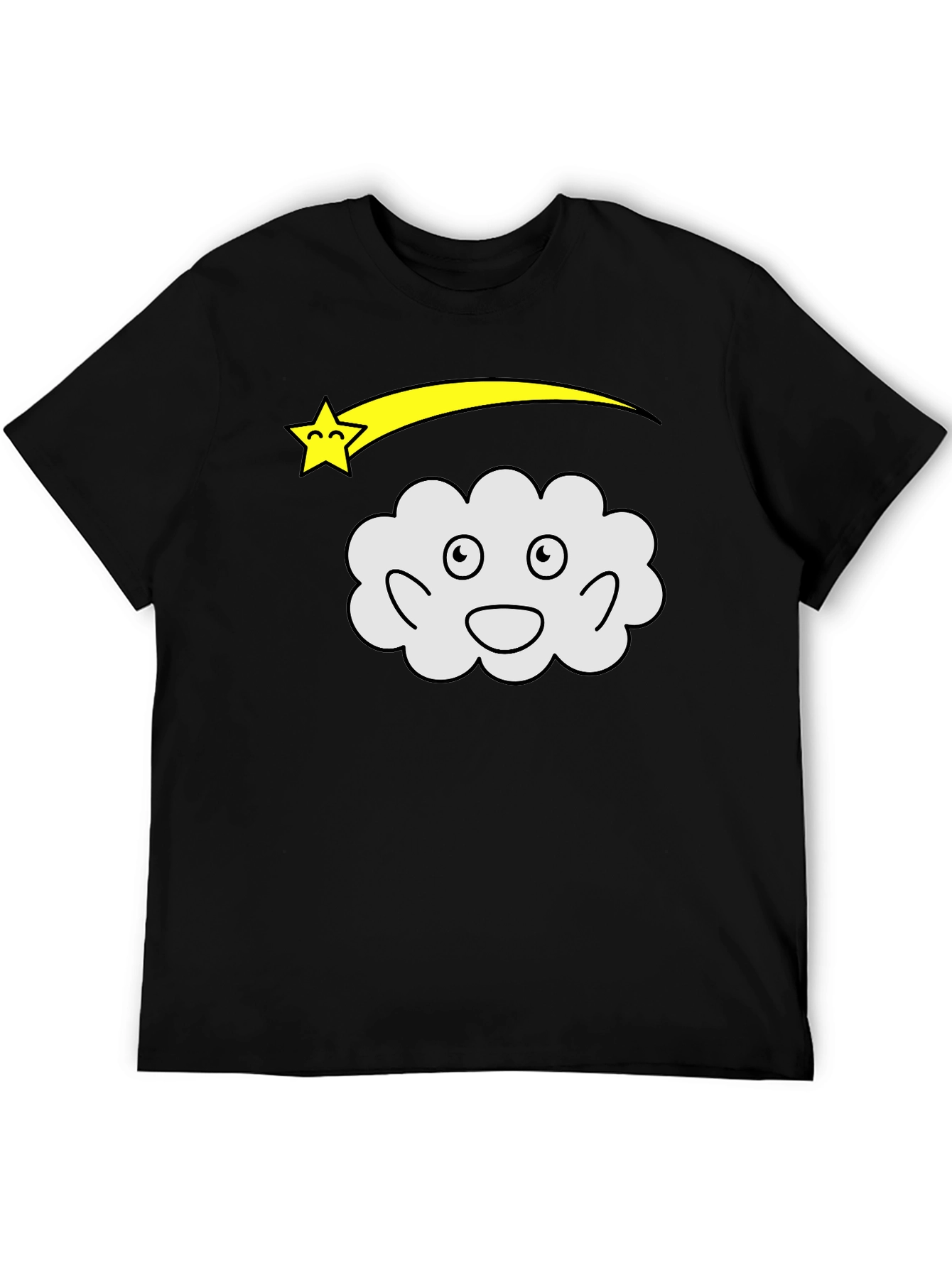 Cartoon Cloud & Shooting Star Black T-Shirt