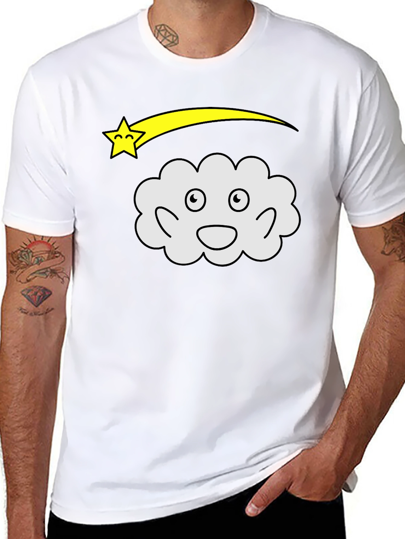 Cartoon Cloud & Shooting Star Black T-Shirt