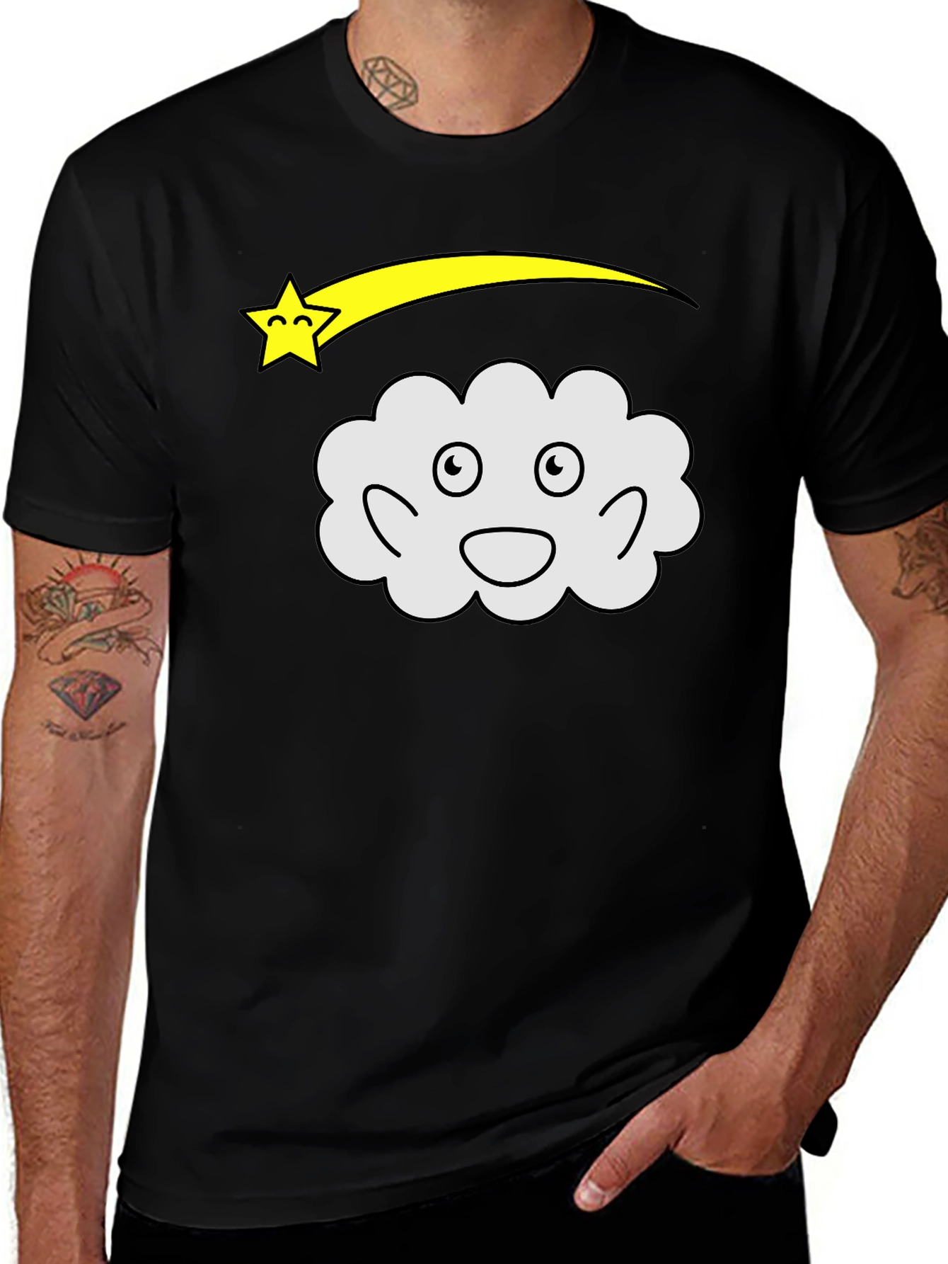 Cartoon Cloud & Shooting Star Black T-Shirt