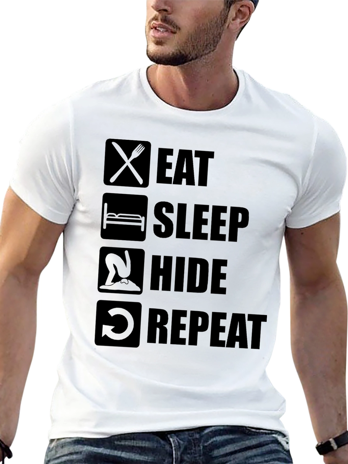 Eat Sleep Hide Repeat T-Shirt - Funny Gaming Tee