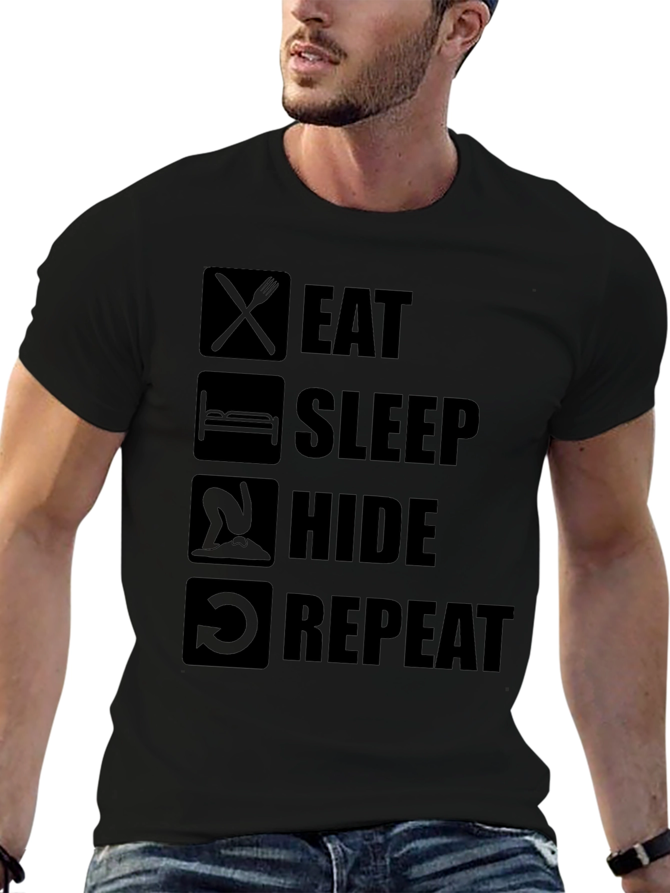 Eat Sleep Hide Repeat T-Shirt - Funny Gaming Tee