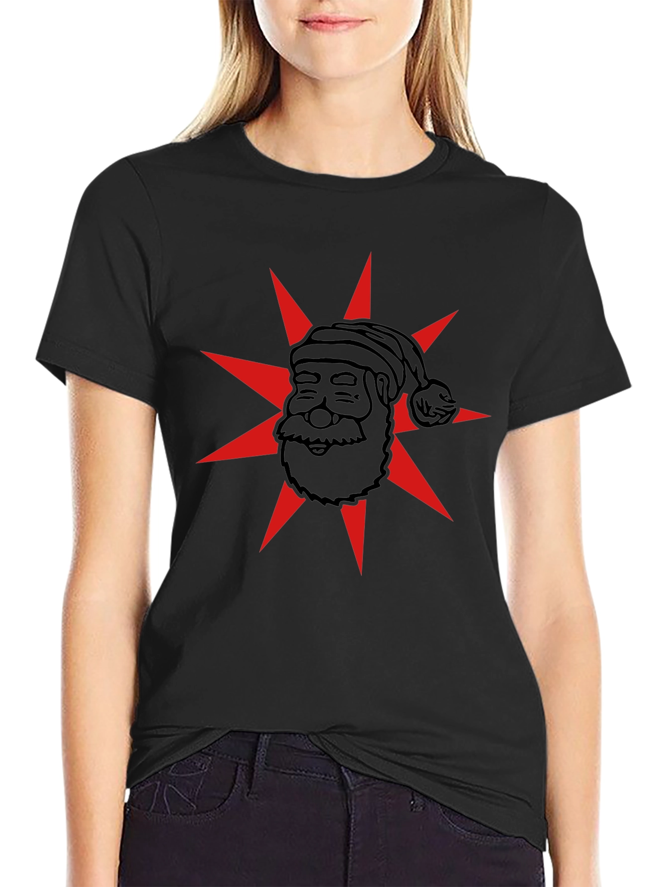 Festive Santa Star Graphic Tee - Black Cotton Blend