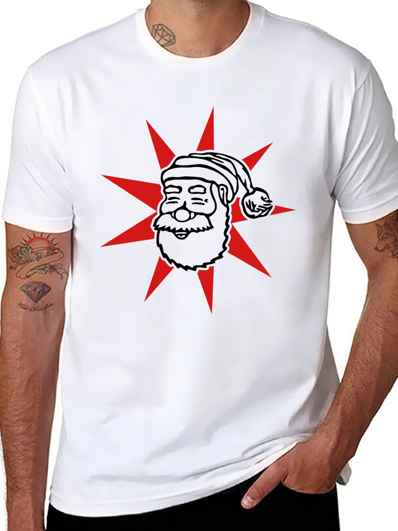 Festive Santa Star Graphic Tee - Black Cotton Blend