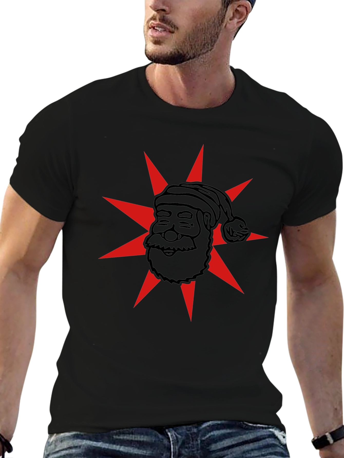 Festive Santa Star Graphic Tee - Black Cotton Blend