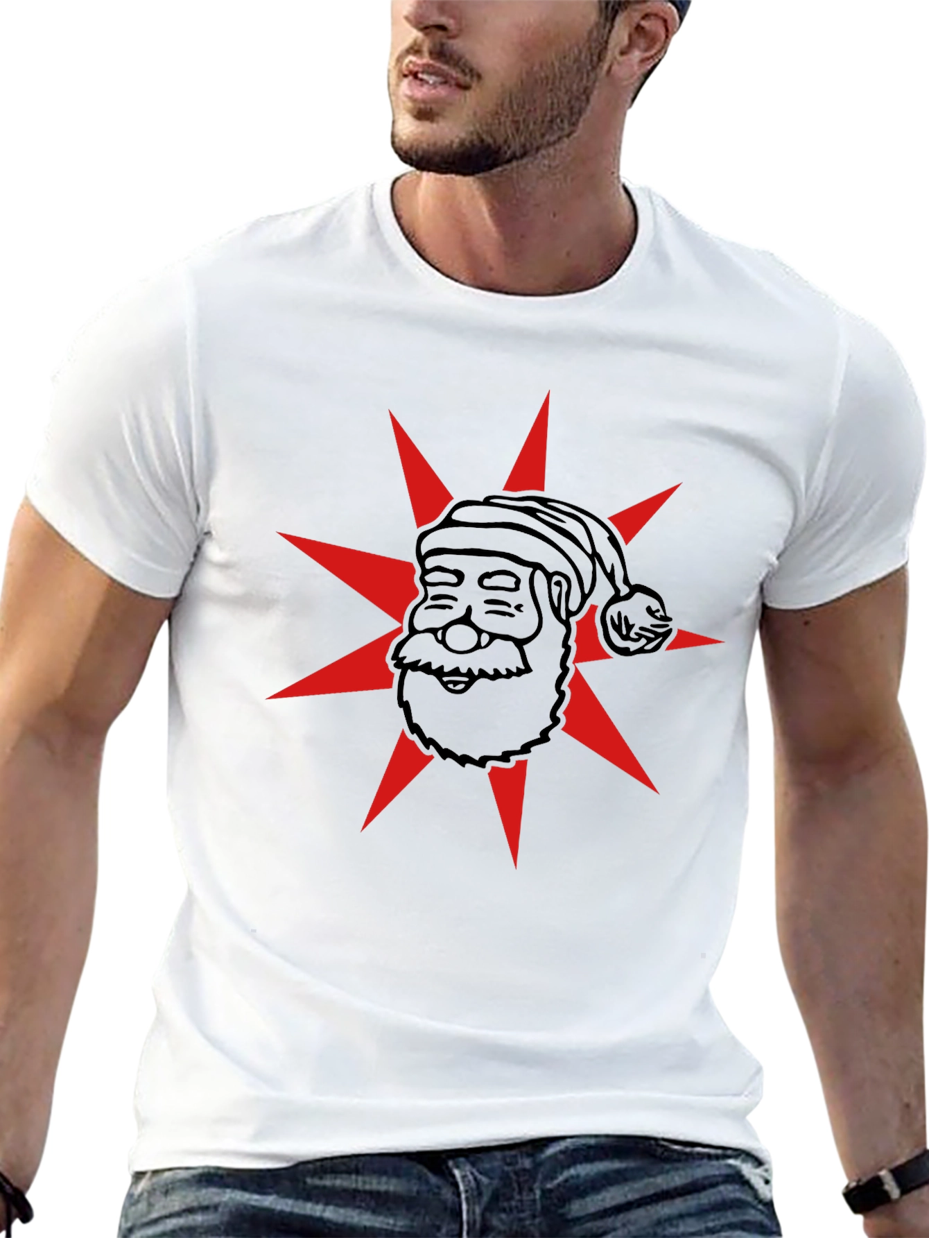 Festive Santa Star Graphic Tee - Black Cotton Blend