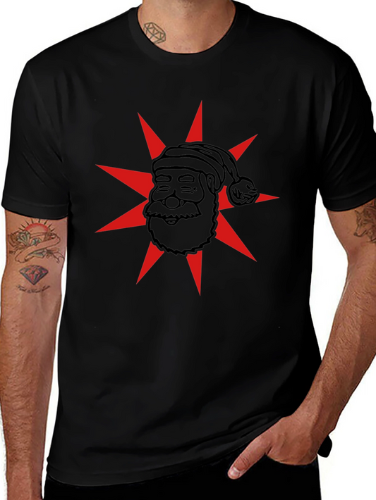 Festive Santa Star Graphic Tee - Black Cotton Blend