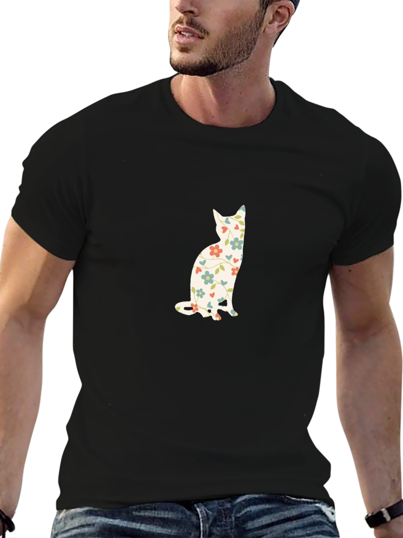Floral Cat Print Black T-Shirt