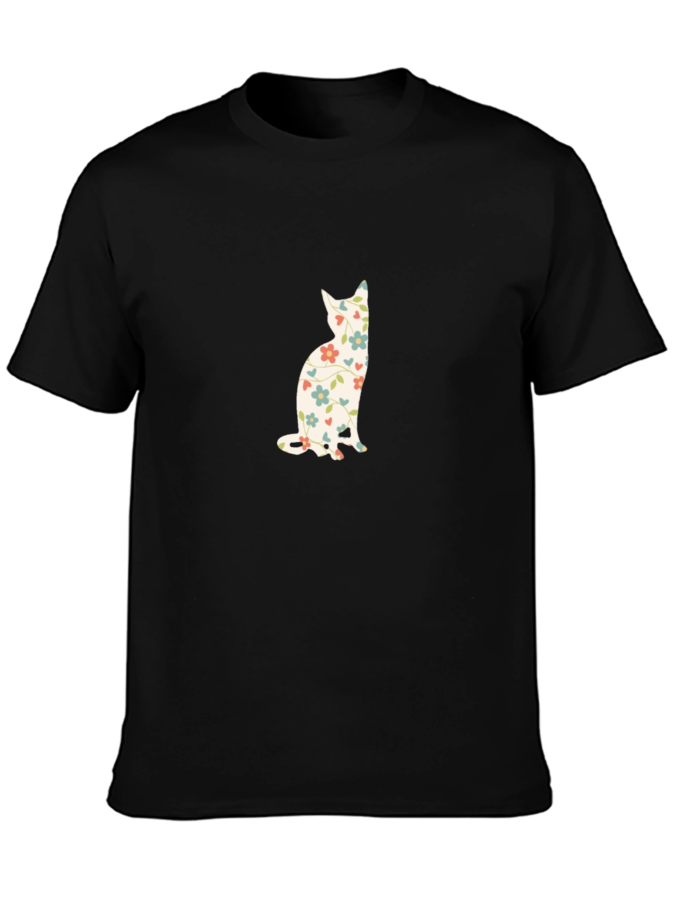 Floral Cat Print Black T-Shirt