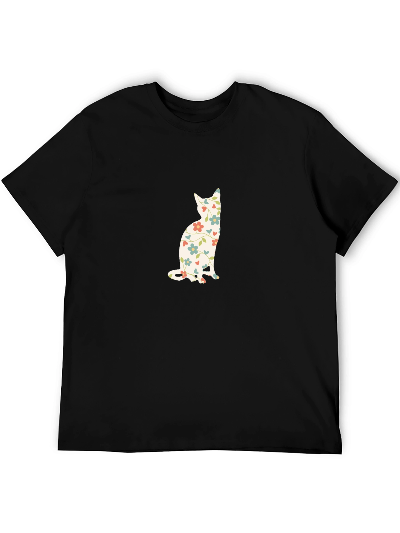 Floral Cat Print Black T-Shirt