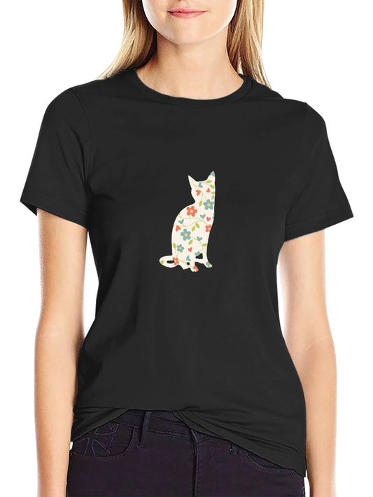 Floral Cat Print Black T-Shirt