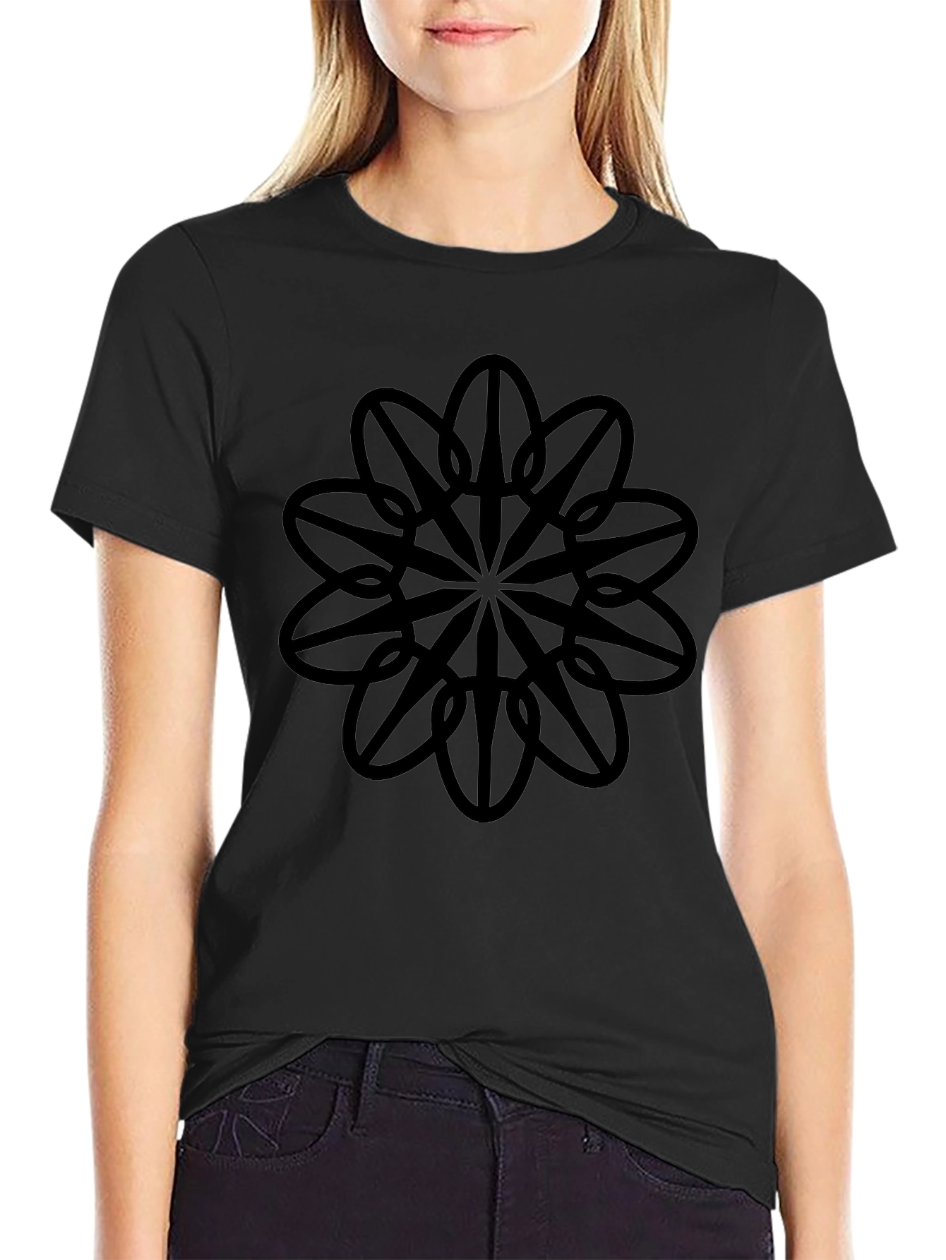 Geometric Flower Graphic Black T-Shirt