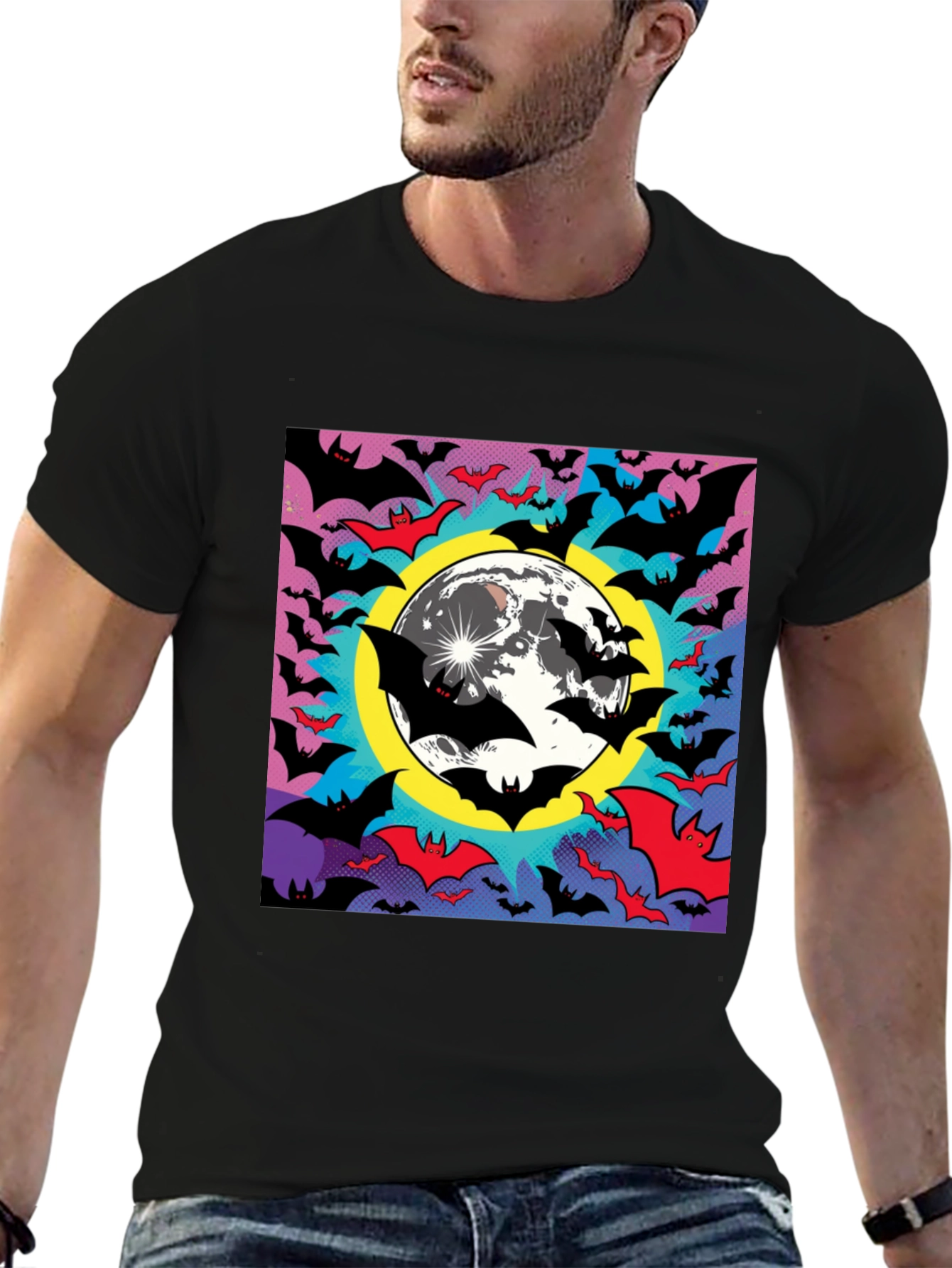 Halloween Bats & Moon Graphic Tee - Black