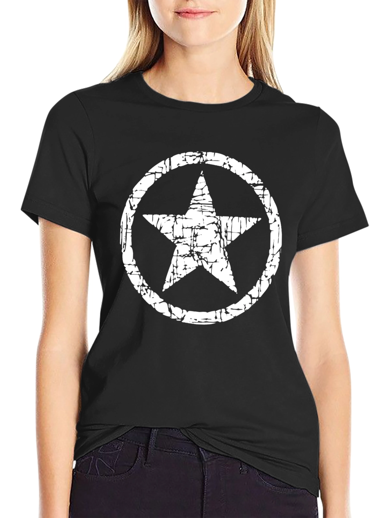 Distressed Star Circle Graphic Black T-Shirt