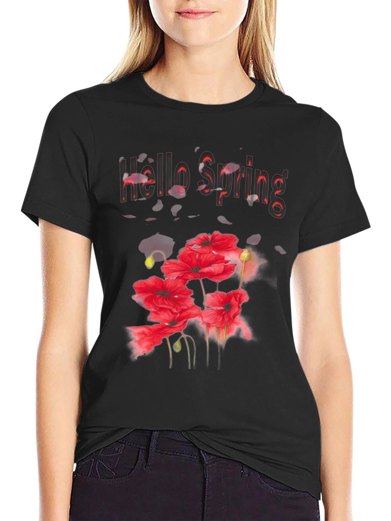 Hello Spring Floral Graphic Black T-Shirt