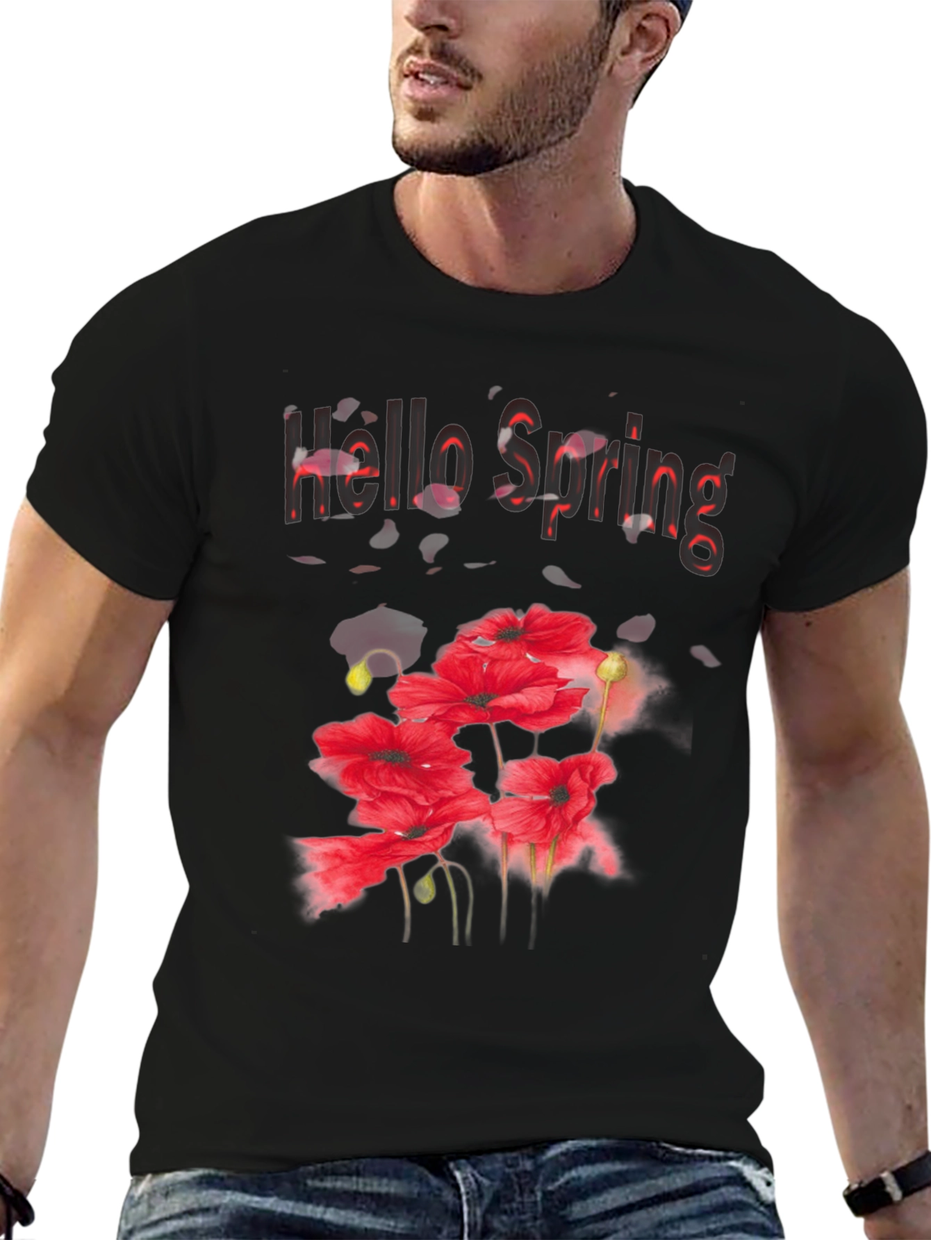 Hello Spring Floral Graphic Black T-Shirt