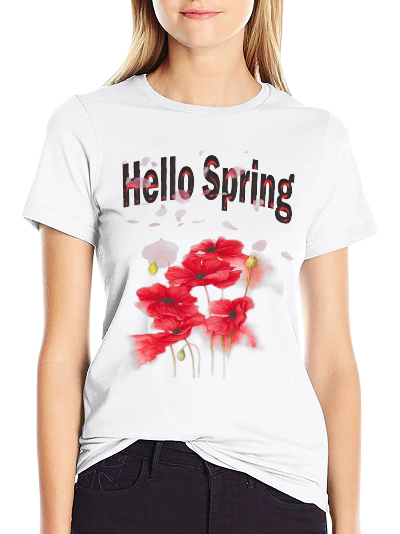 Hello Spring Floral Graphic Black T-Shirt
