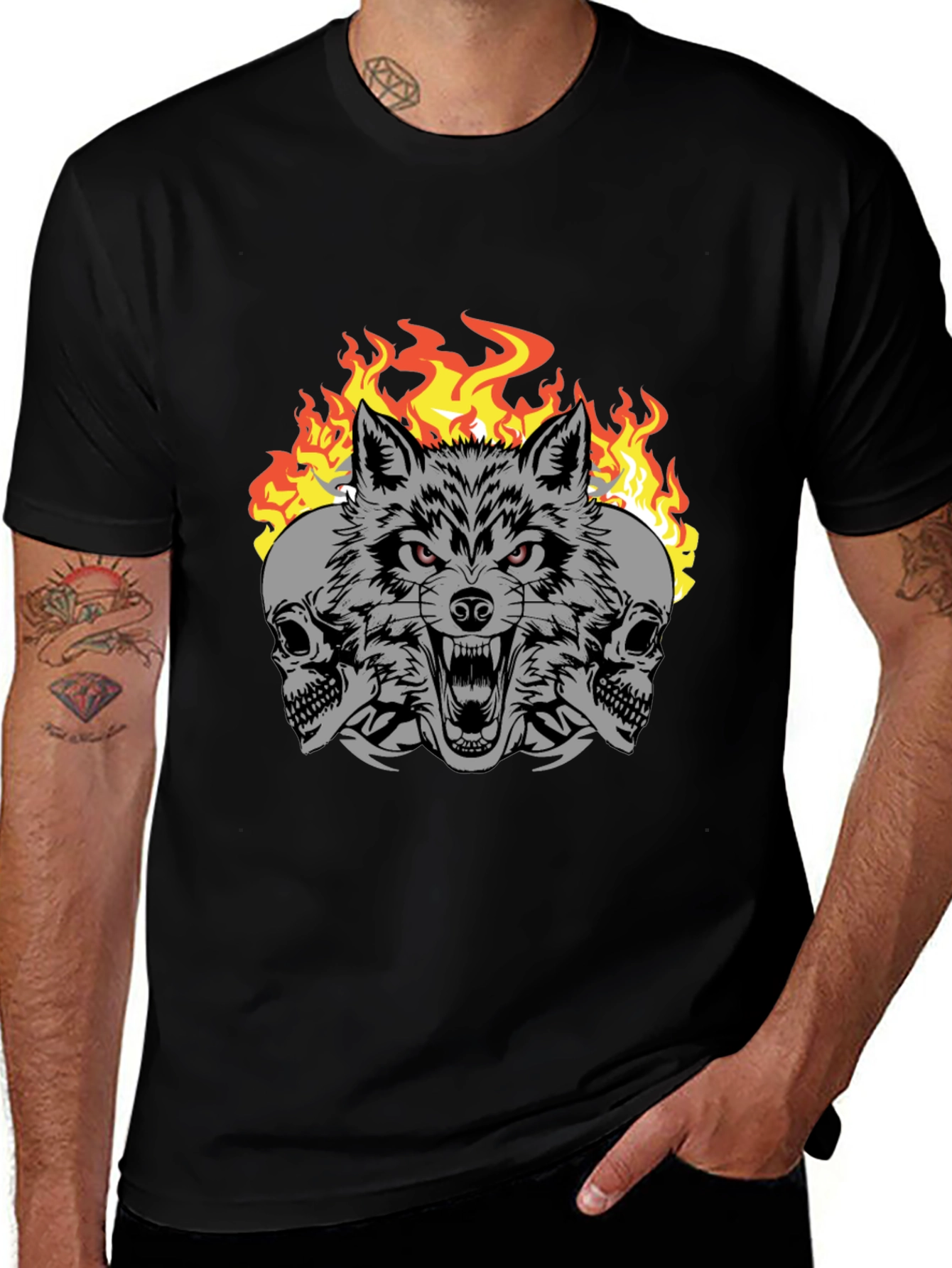 Wolf Skull Fire Graphic Print T-Shirt