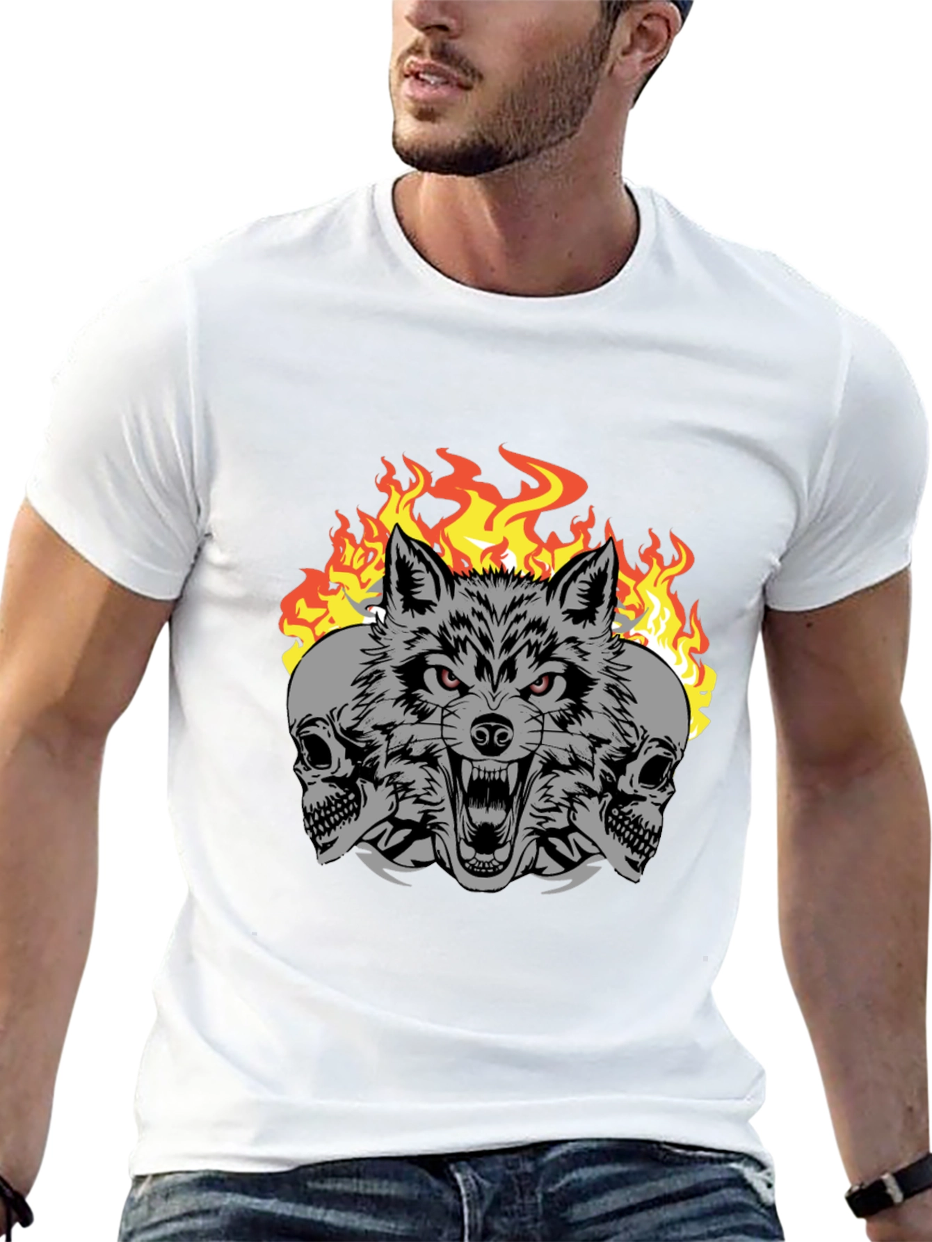 Wolf Skull Fire Graphic Print T-Shirt