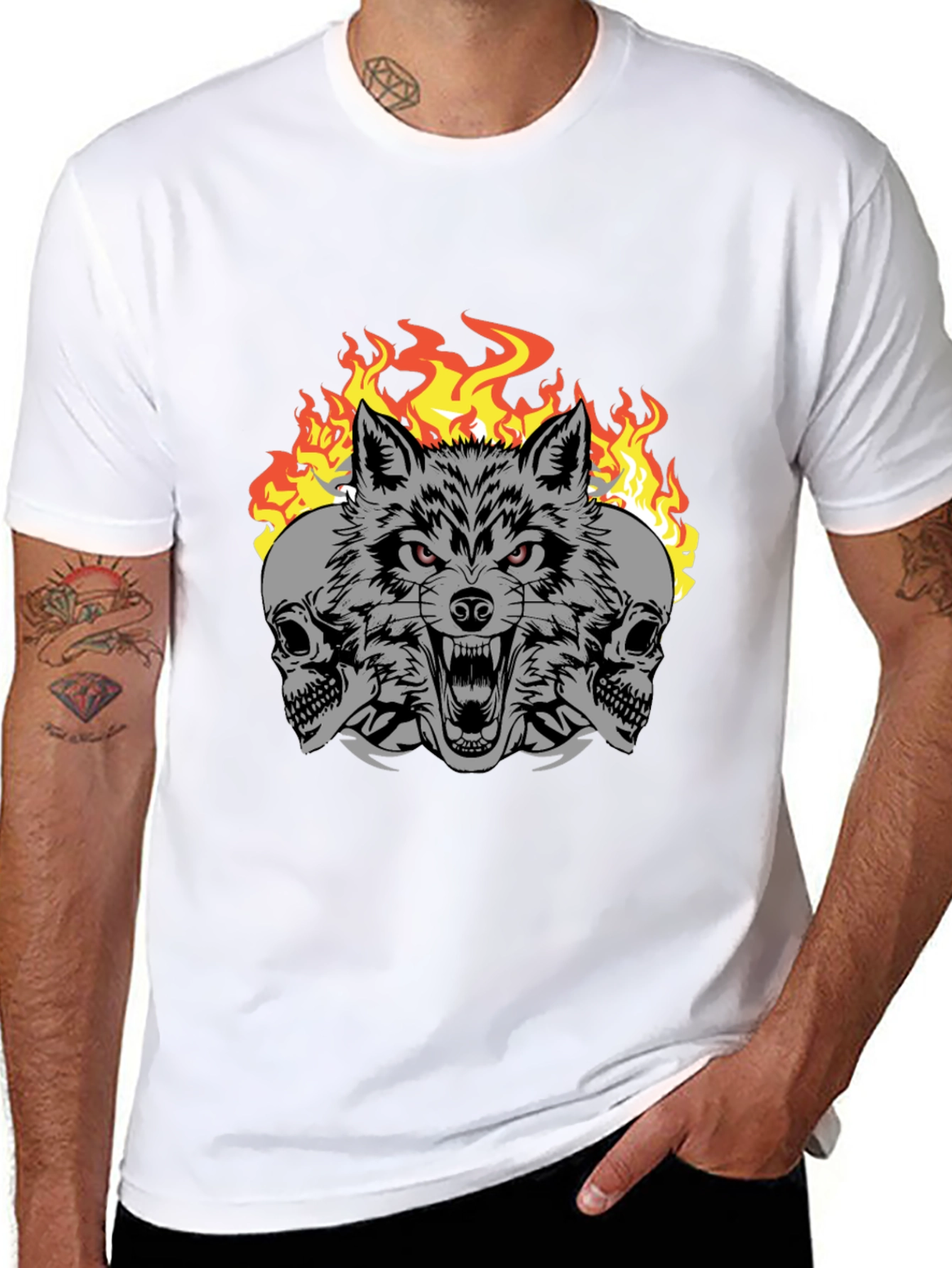 Wolf Skull Fire Graphic Print T-Shirt