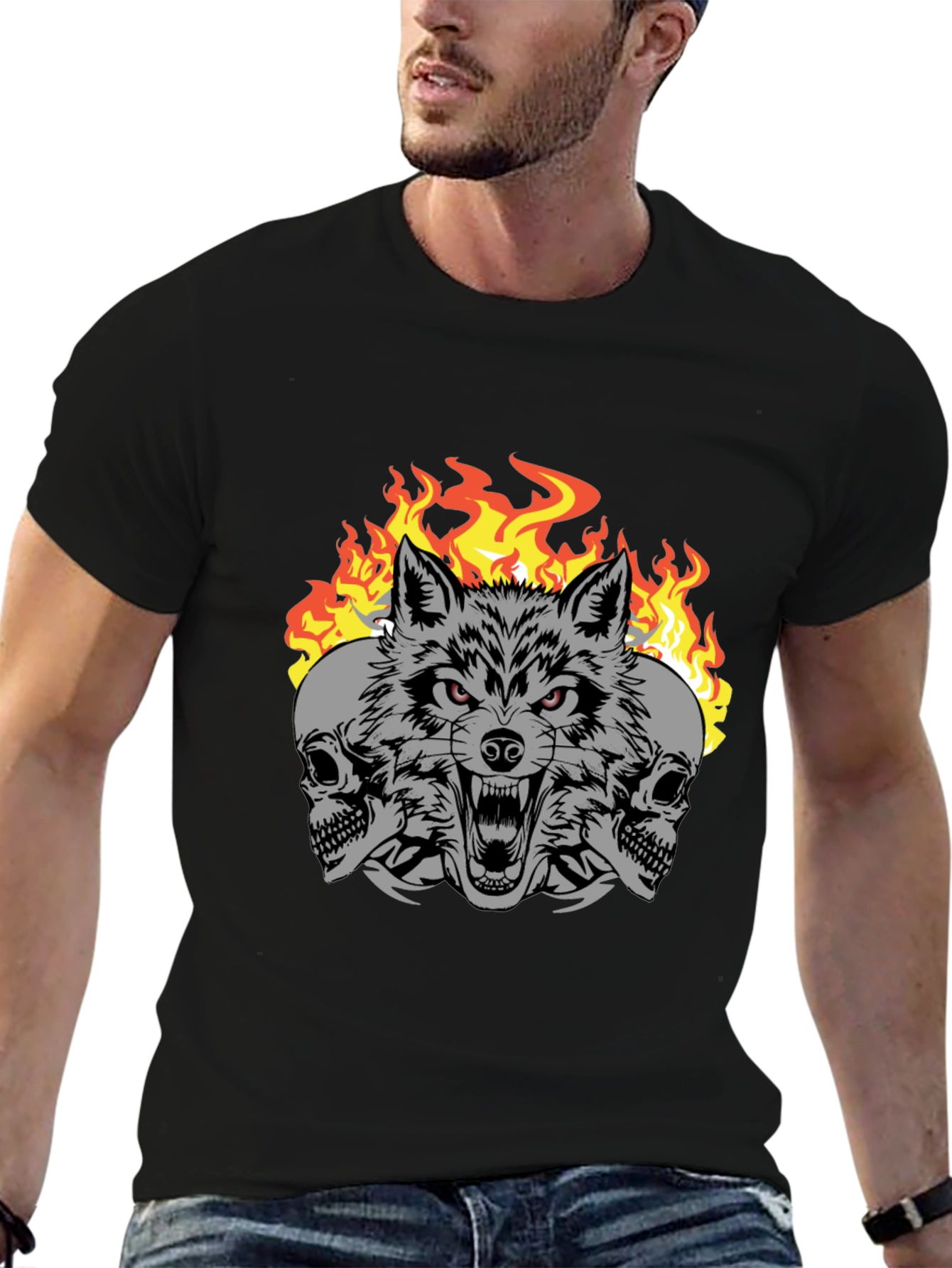 Wolf Skull Fire Graphic Print T-Shirt