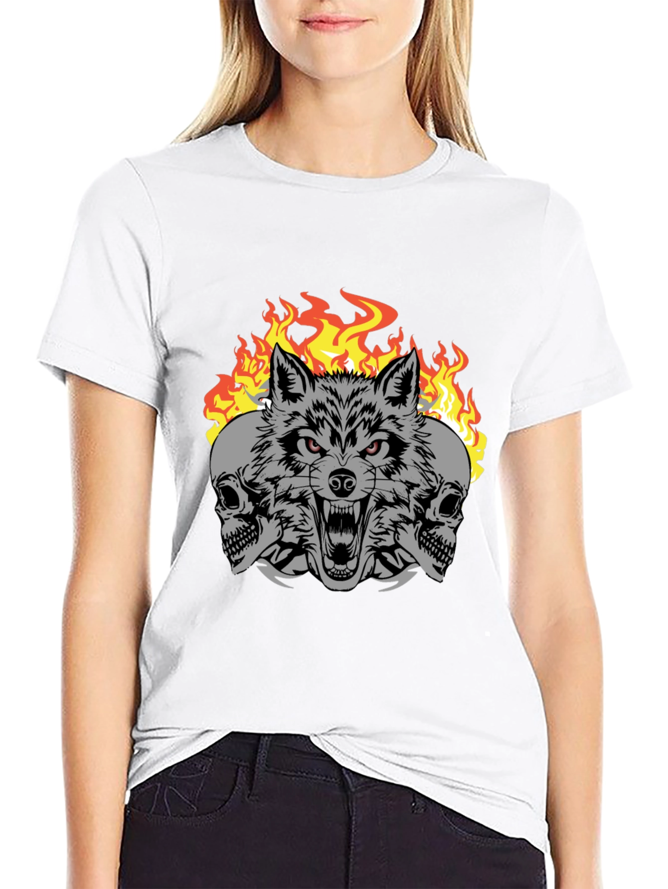 Wolf Skull Fire Graphic Print T-Shirt