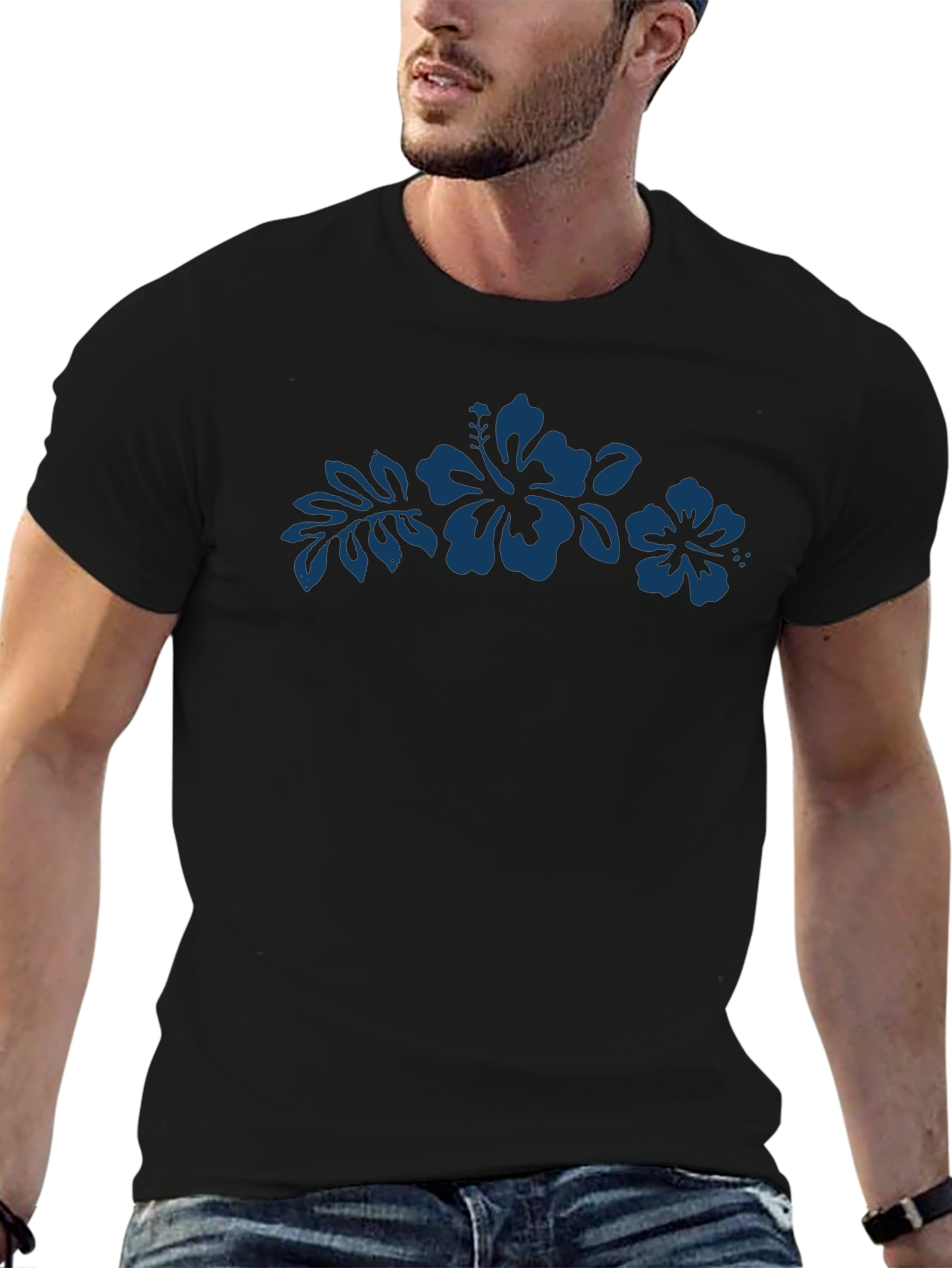 Mens Black T-Shirt with Hibiscus Design