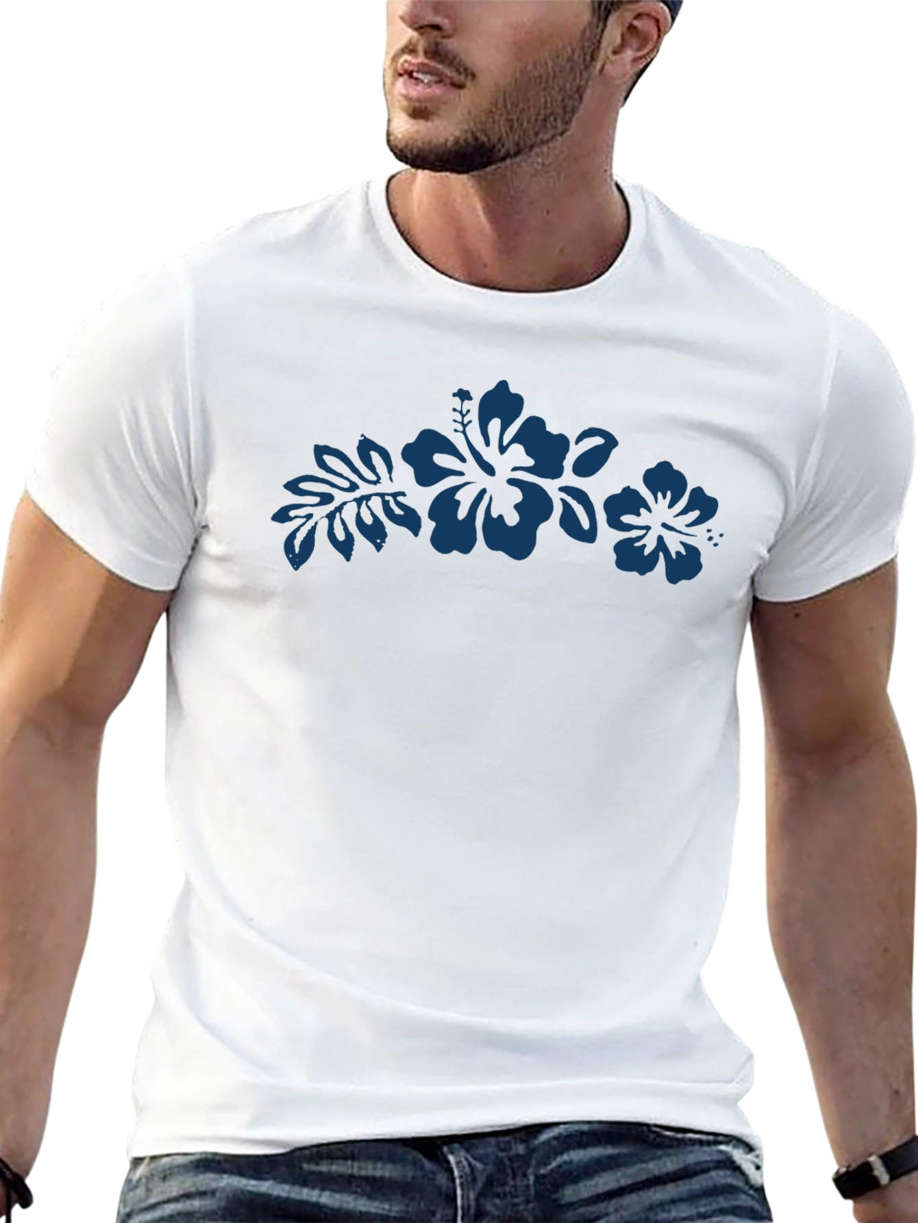 Mens Black T-Shirt with Hibiscus Design