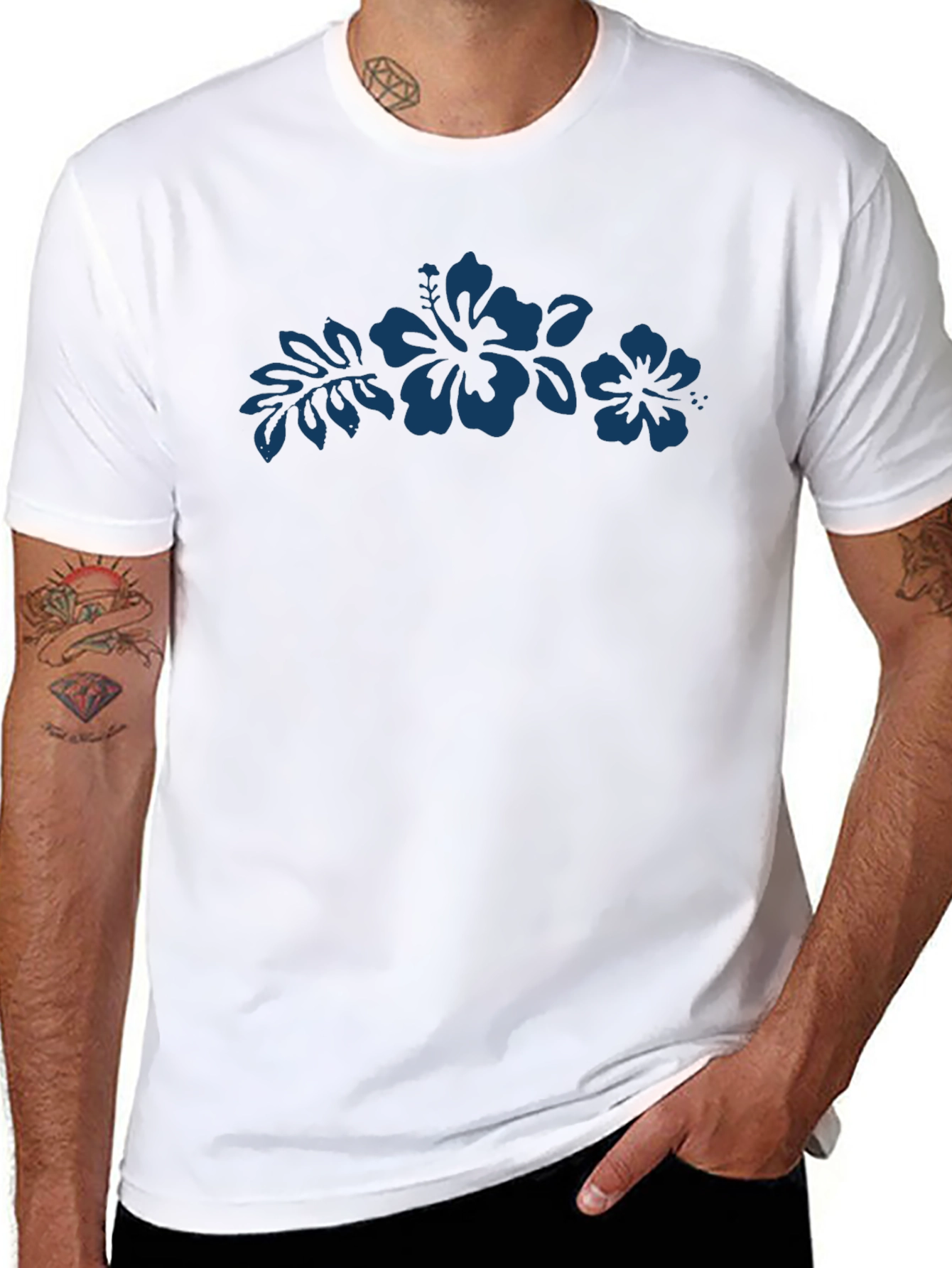 Mens Black T-Shirt with Hibiscus Design