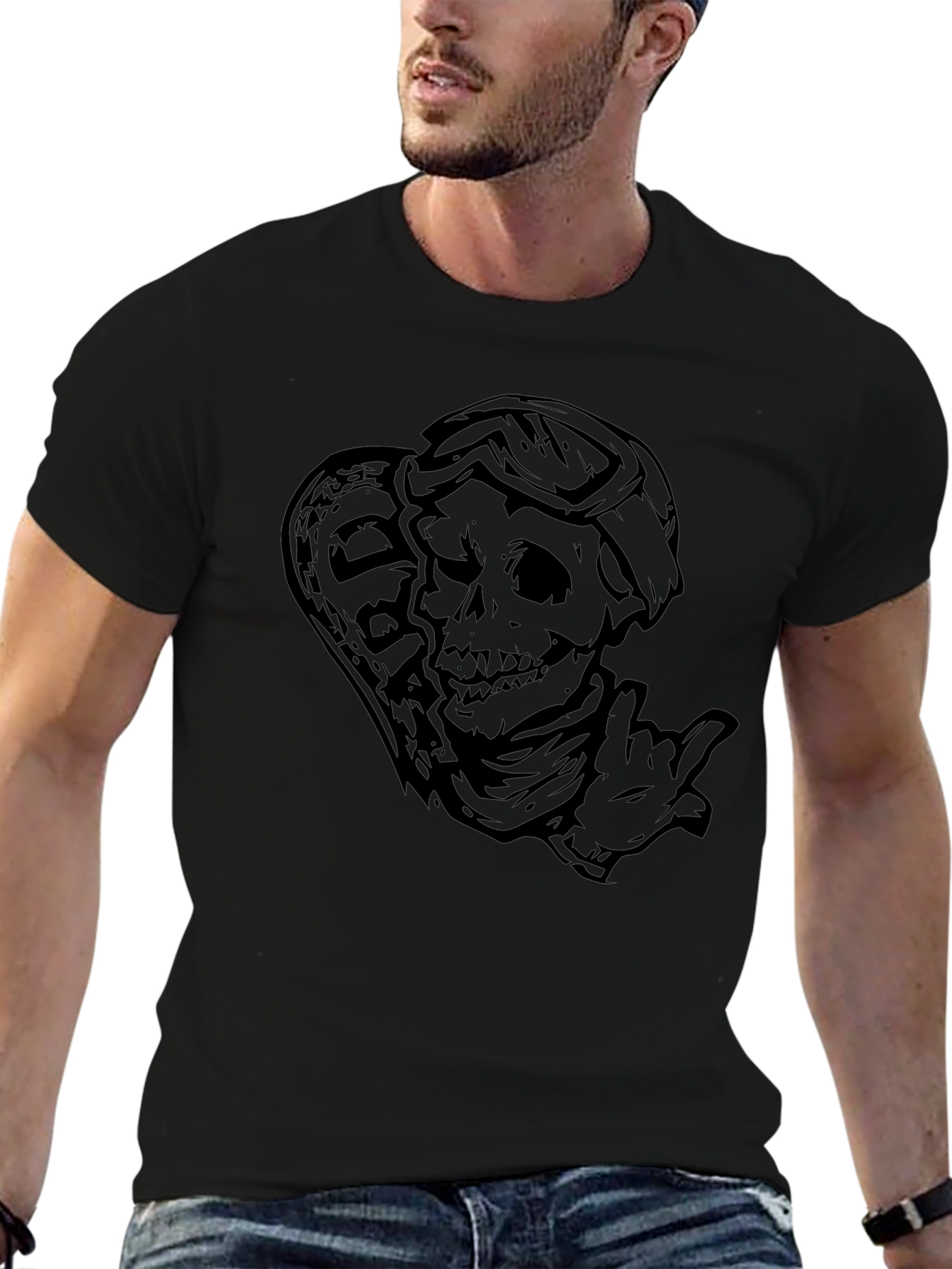 Skeleton Surfer Graphic Tee - Black Cotton T-Shirt