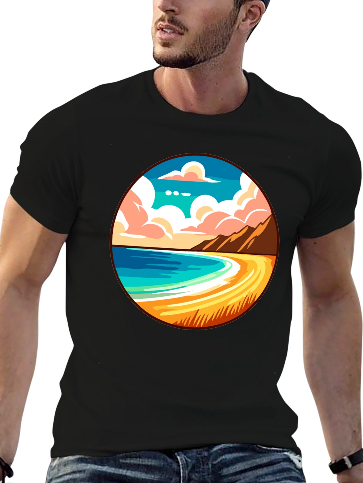 Beach Scene Graphic Tee - Black