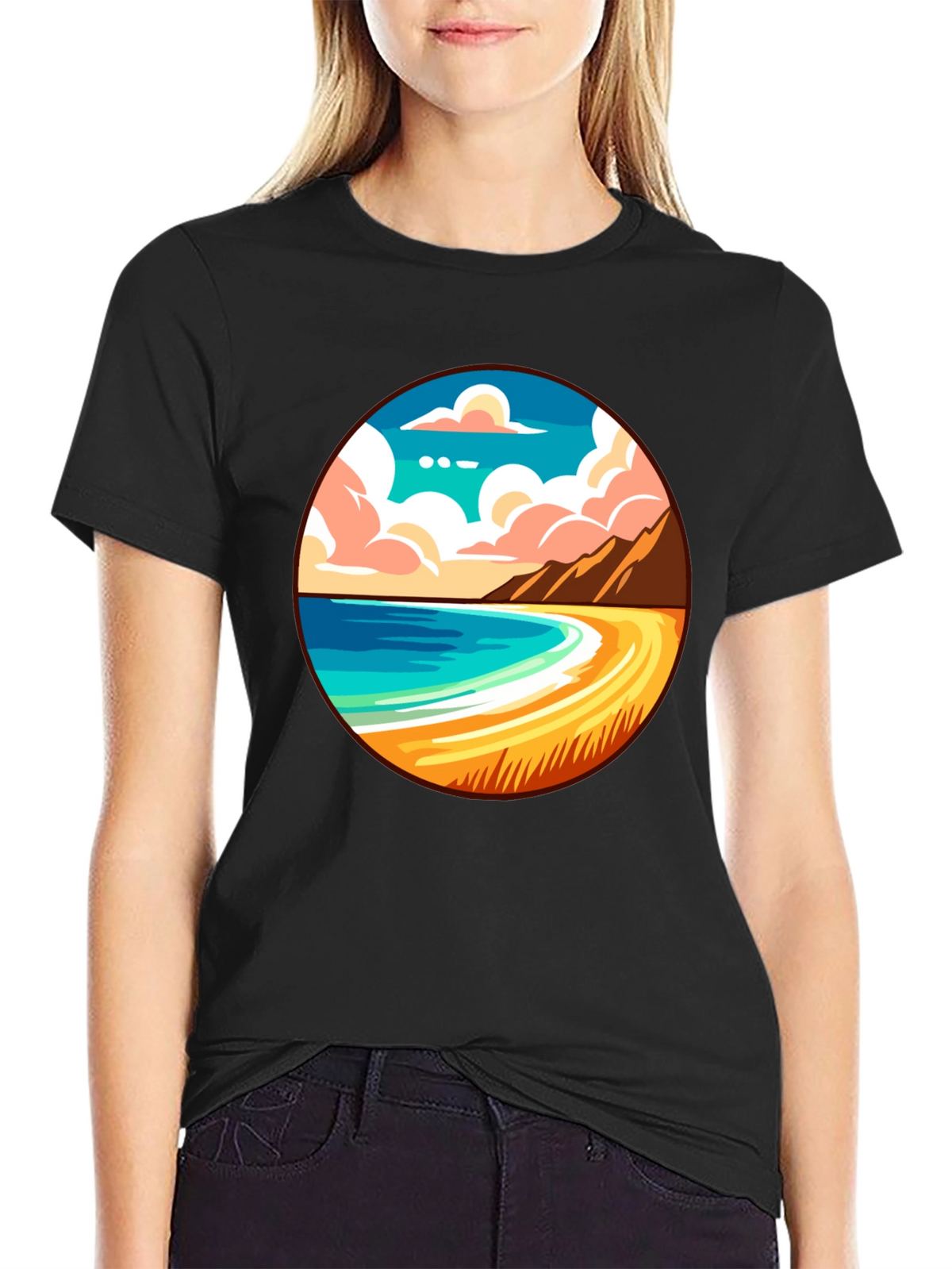 Beach Scene Graphic Tee - Black