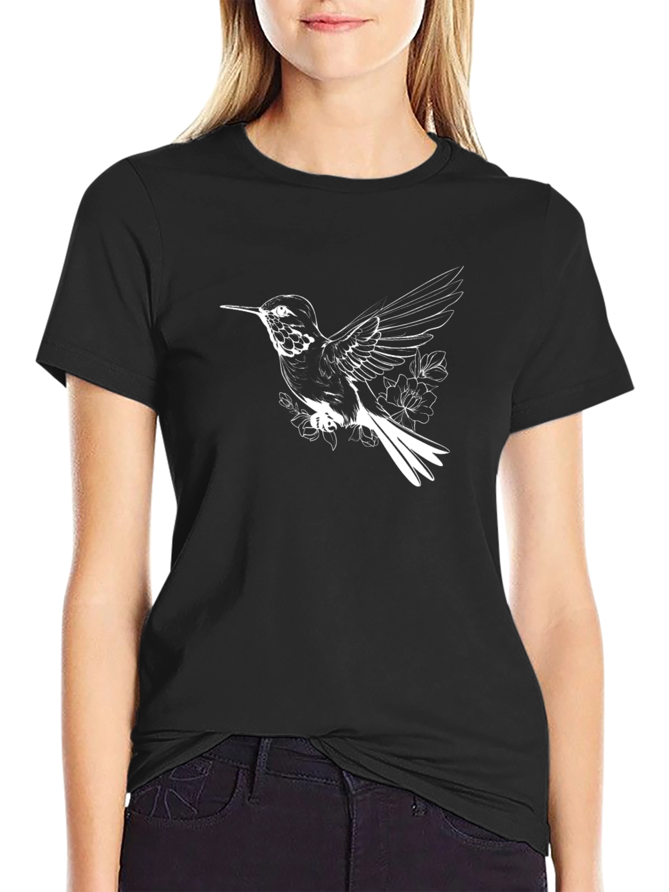Hummingbird Graphic Tee - Black Casual T-Shirt