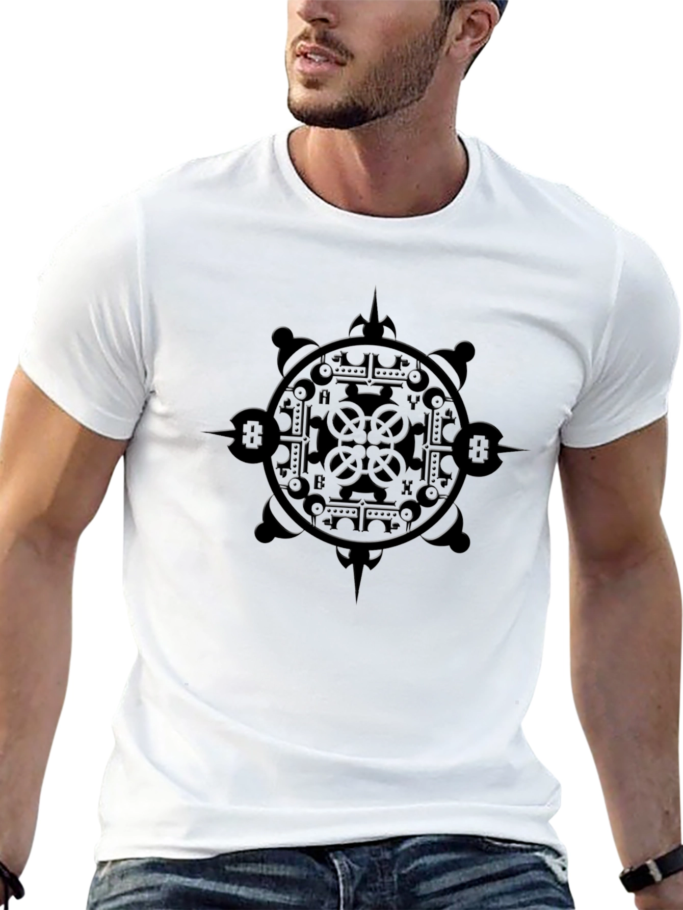 Mens Black Graphic Tee - Intricate Wheel Design
