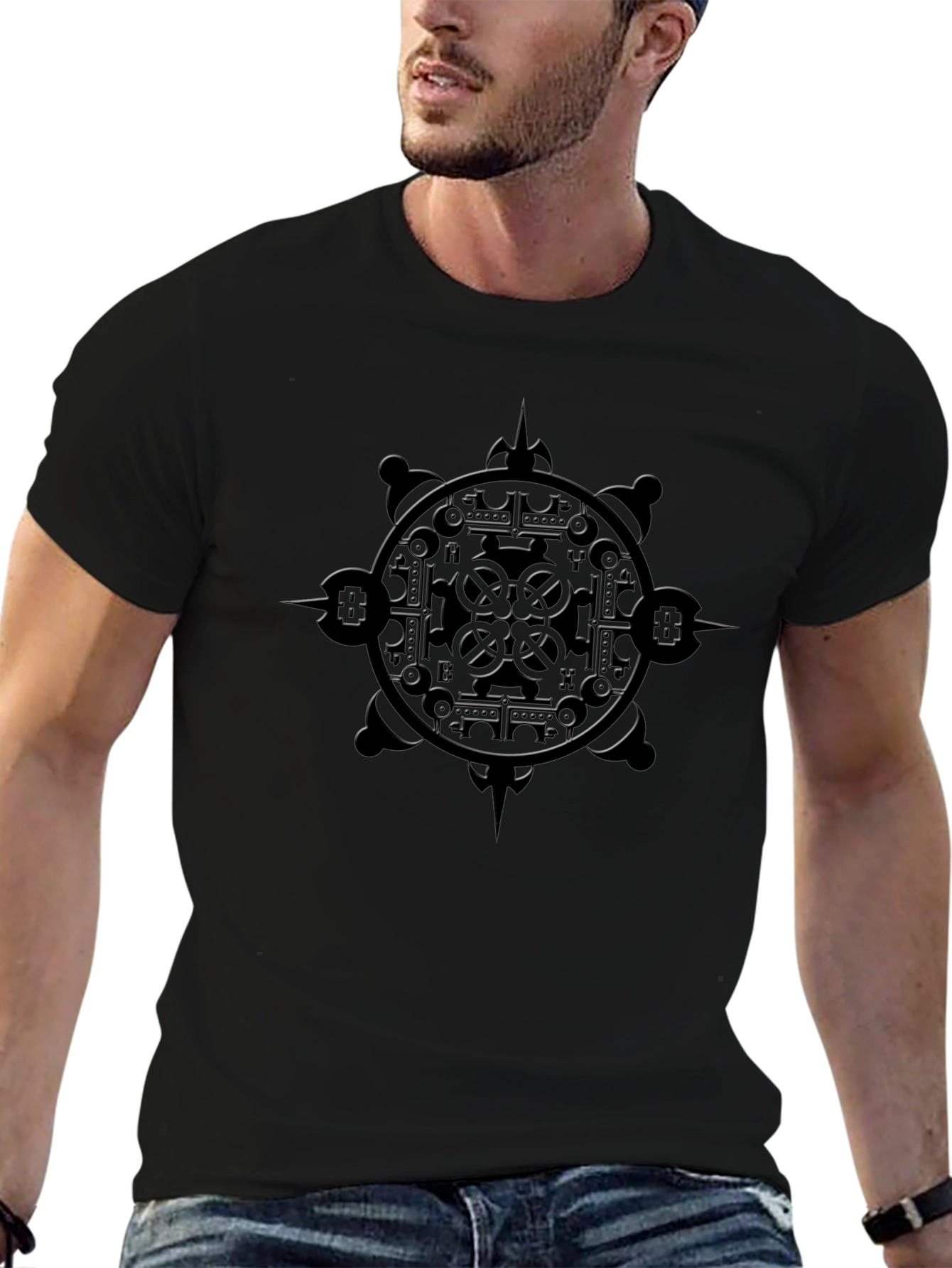 Mens Black Graphic Tee - Intricate Wheel Design