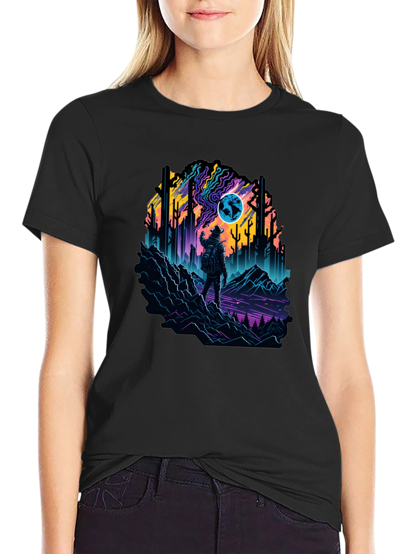 Retro Explorer Graphic Tee - Black Cotton Blend