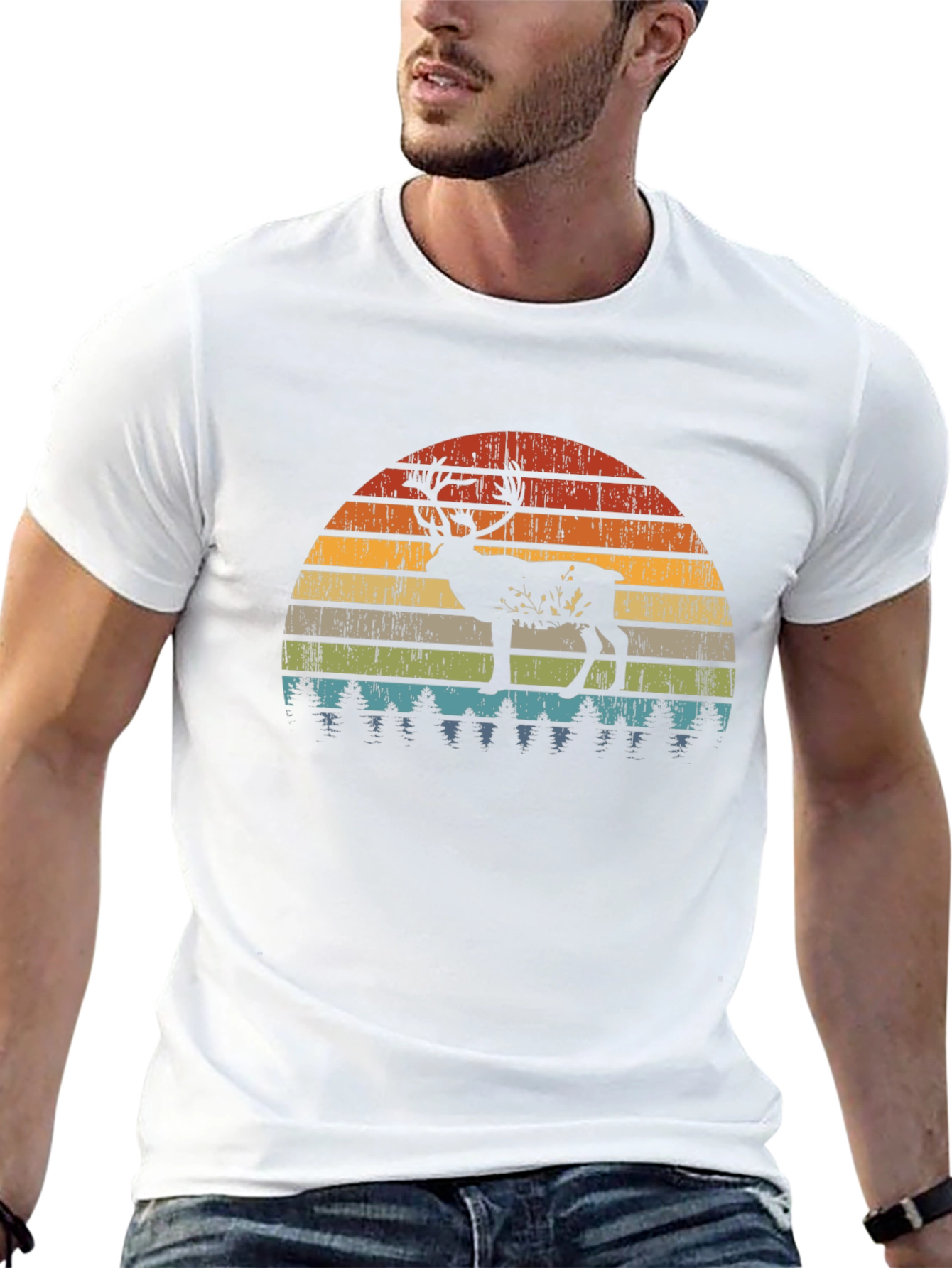 Retro Deer Sunset Graphic T-Shirt - Black