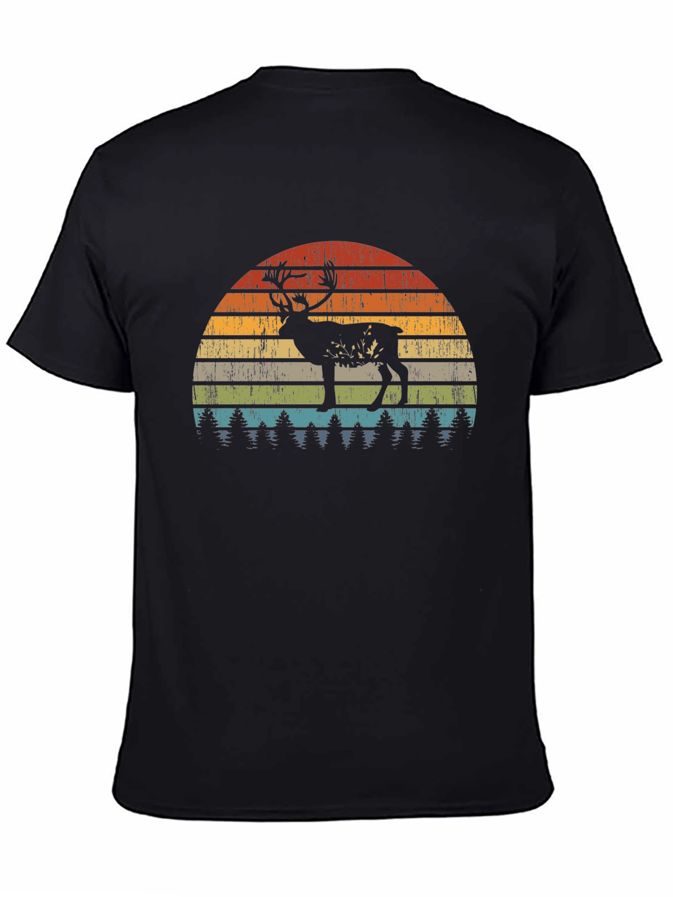 Retro Deer Sunset Graphic T-Shirt - Black