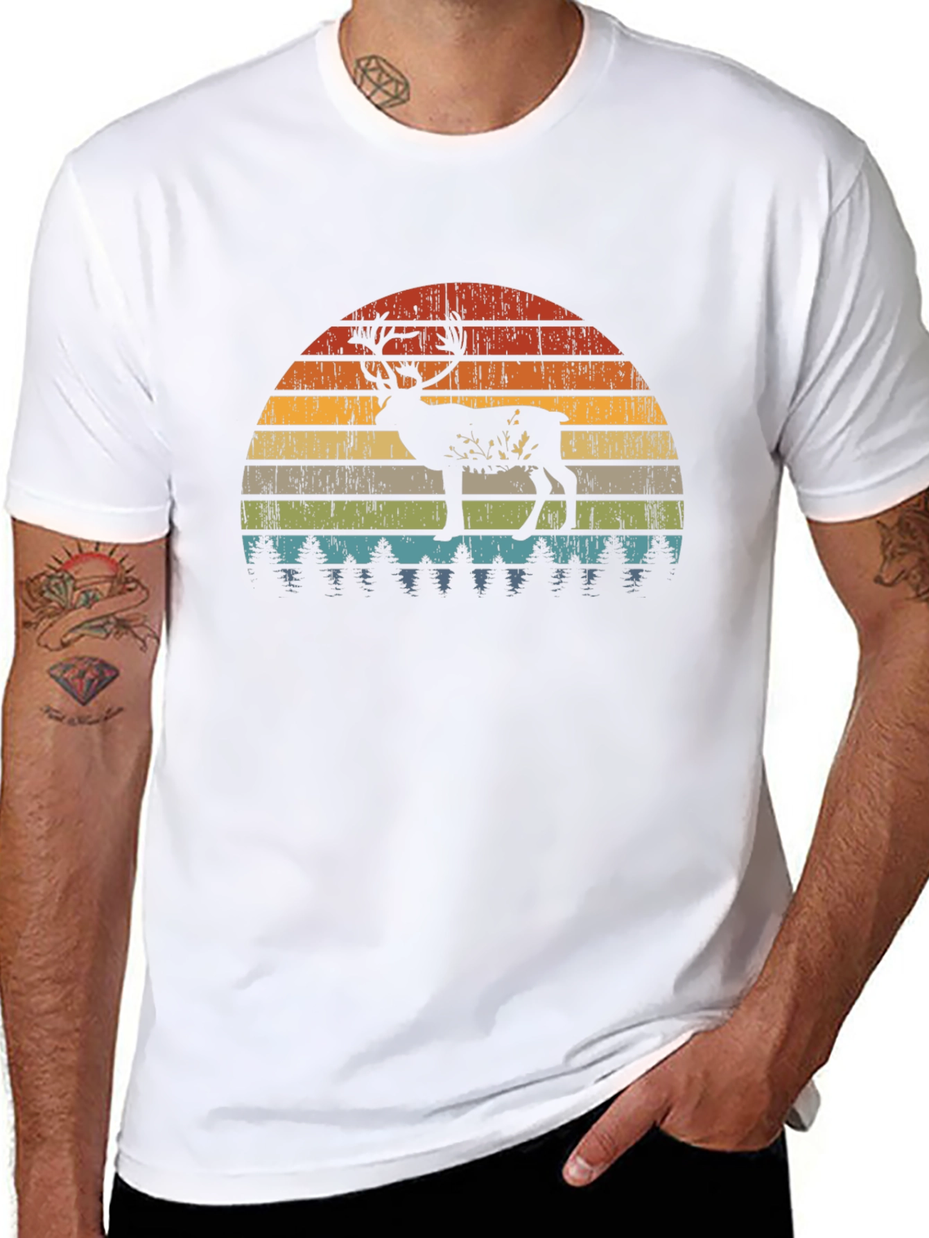 Retro Deer Sunset Graphic T-Shirt - Black