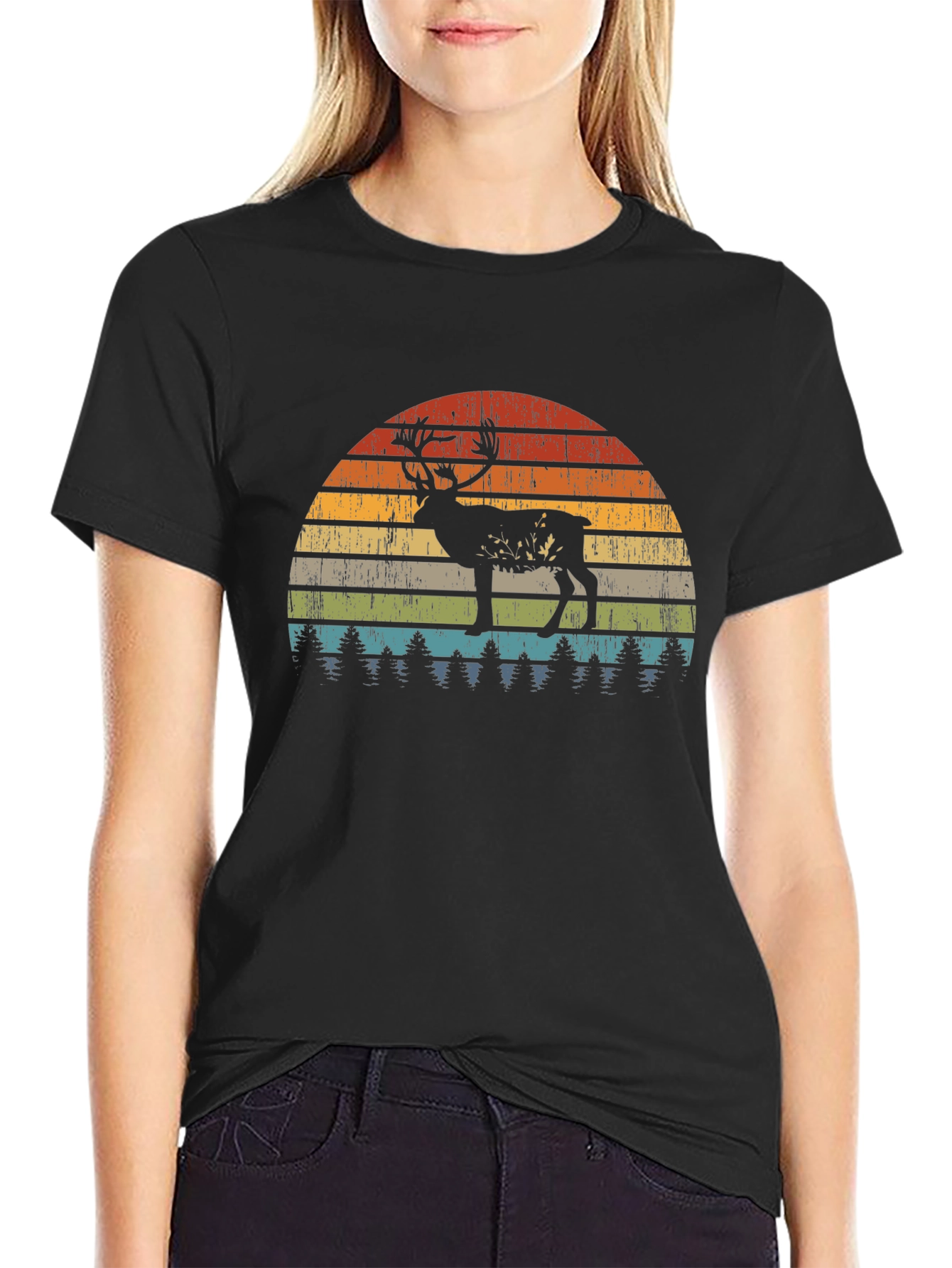 Retro Deer Sunset Graphic T-Shirt - Black