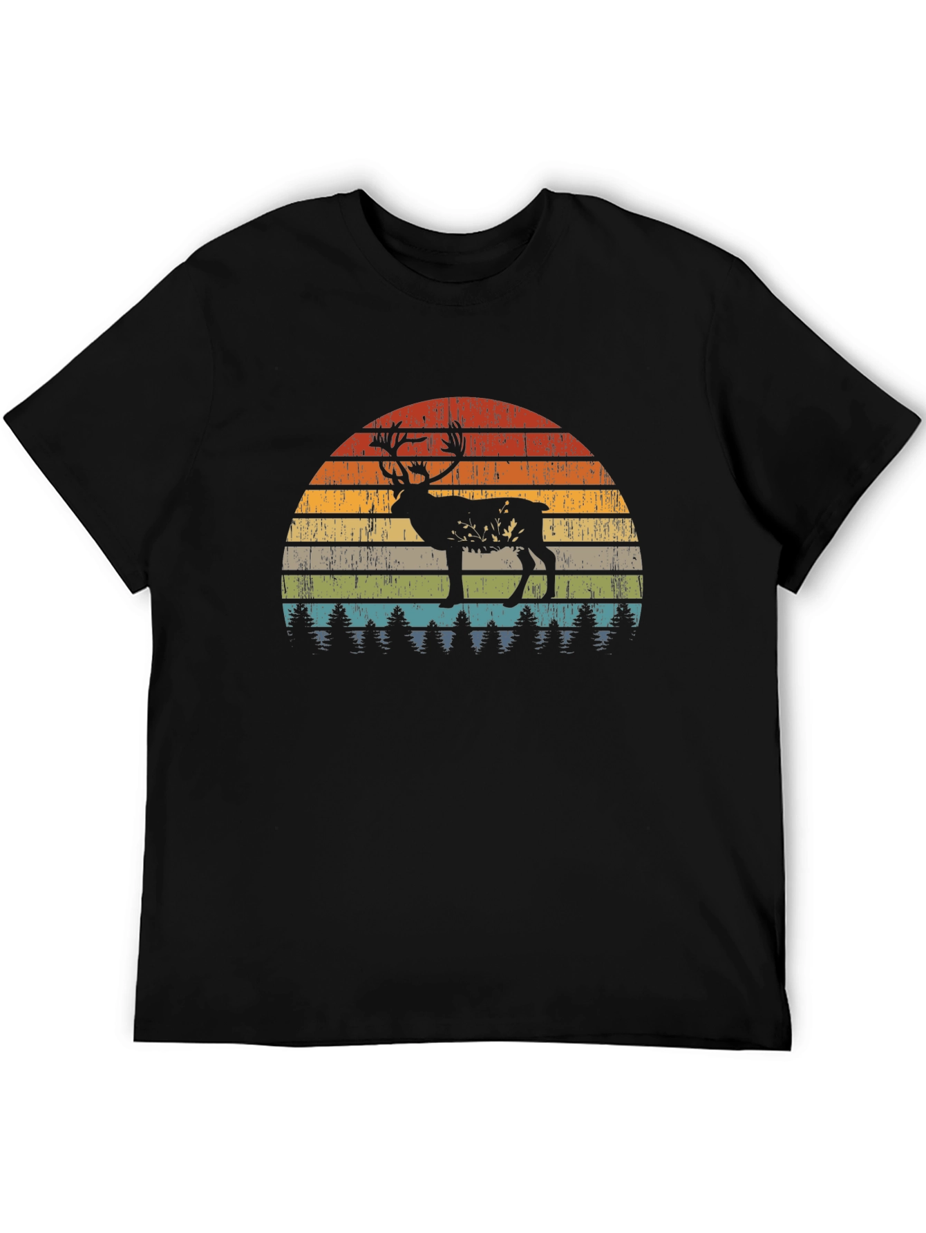 Retro Deer Sunset Graphic T-Shirt - Black