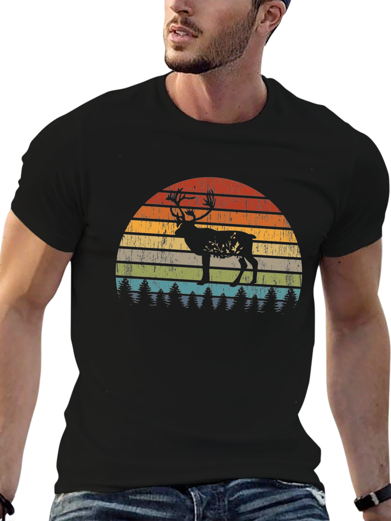 Retro Deer Sunset Graphic T-Shirt - Black